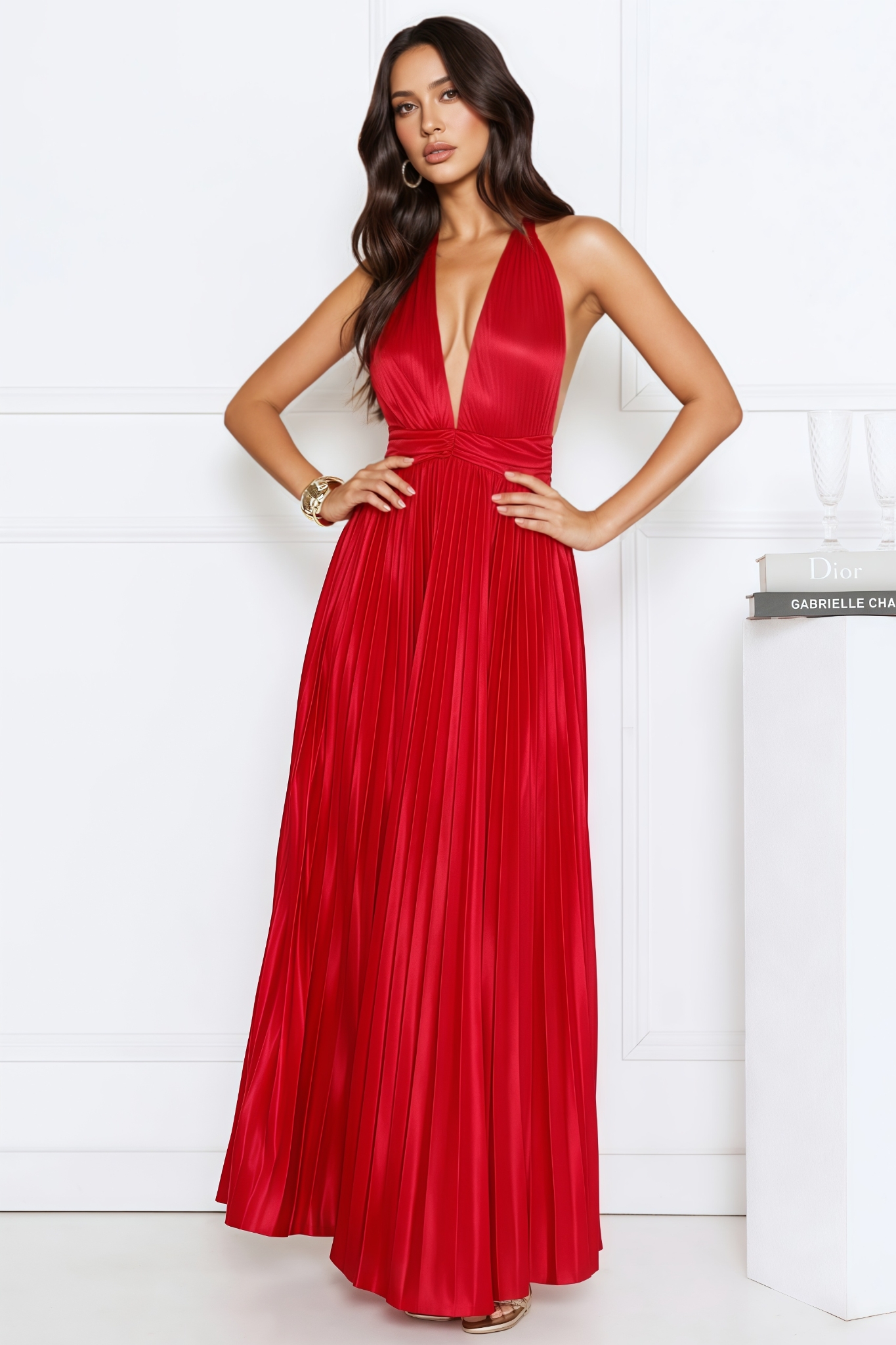 Nichalse Red Pleated Halter Maxi Dress
