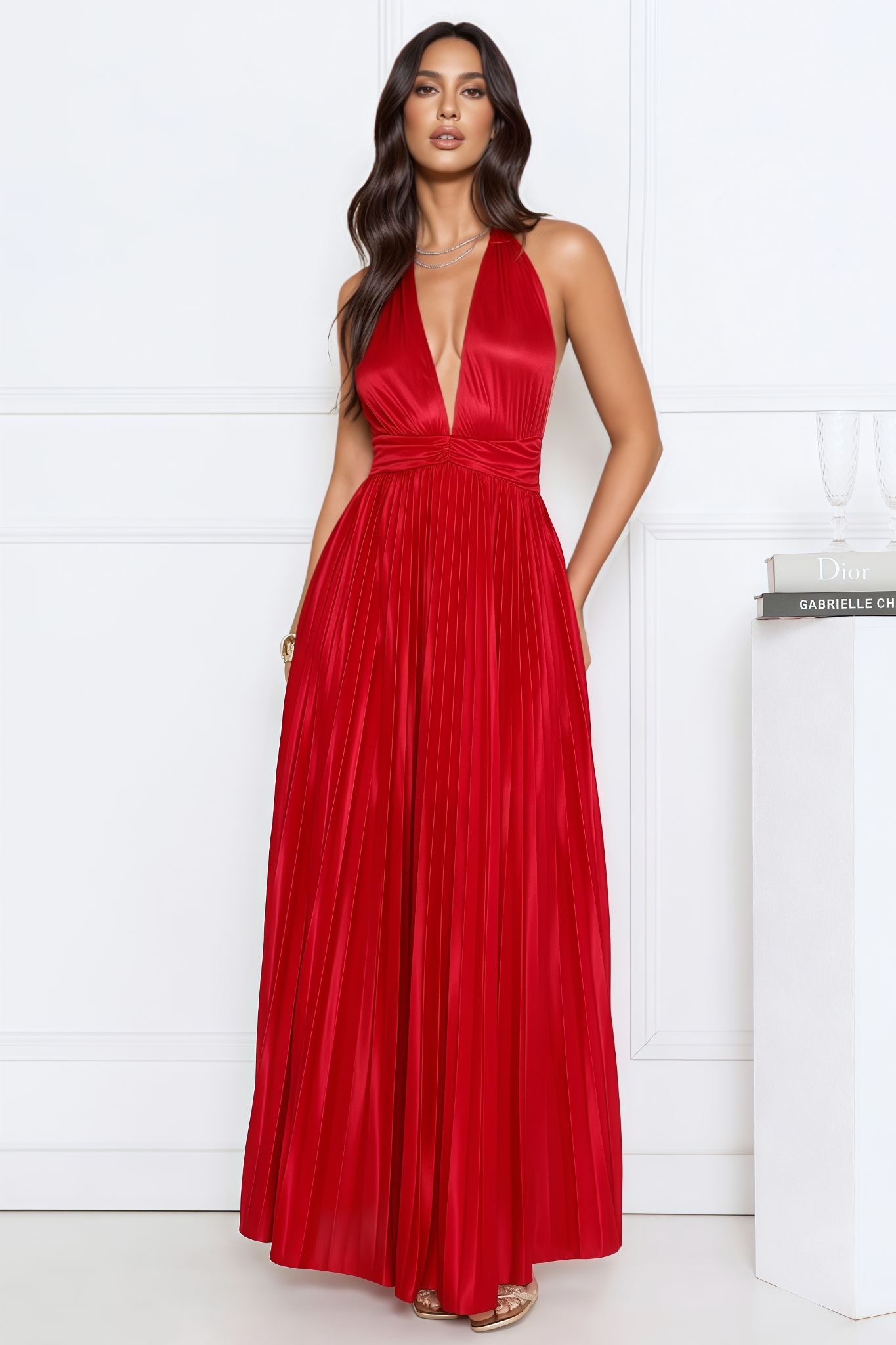 Nichalse Red Pleated Halter Maxi Dress
