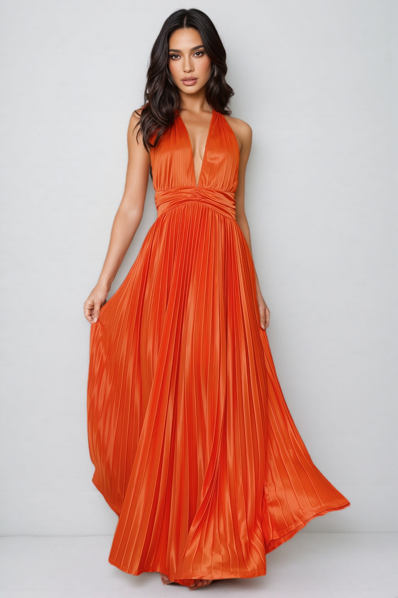 Jesian Orange Pleated Halter Neck Maxi Dress
