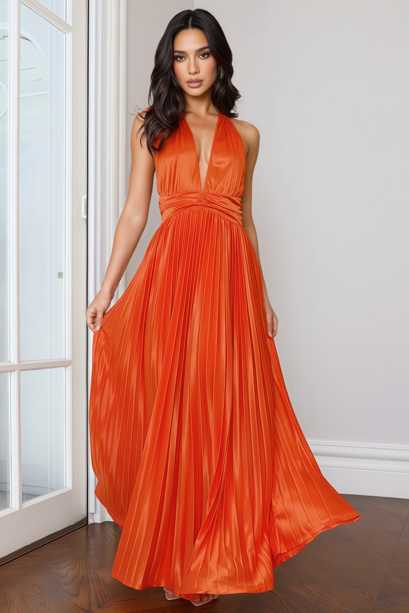 Jesian Orange Pleated Halter Maxi Dress