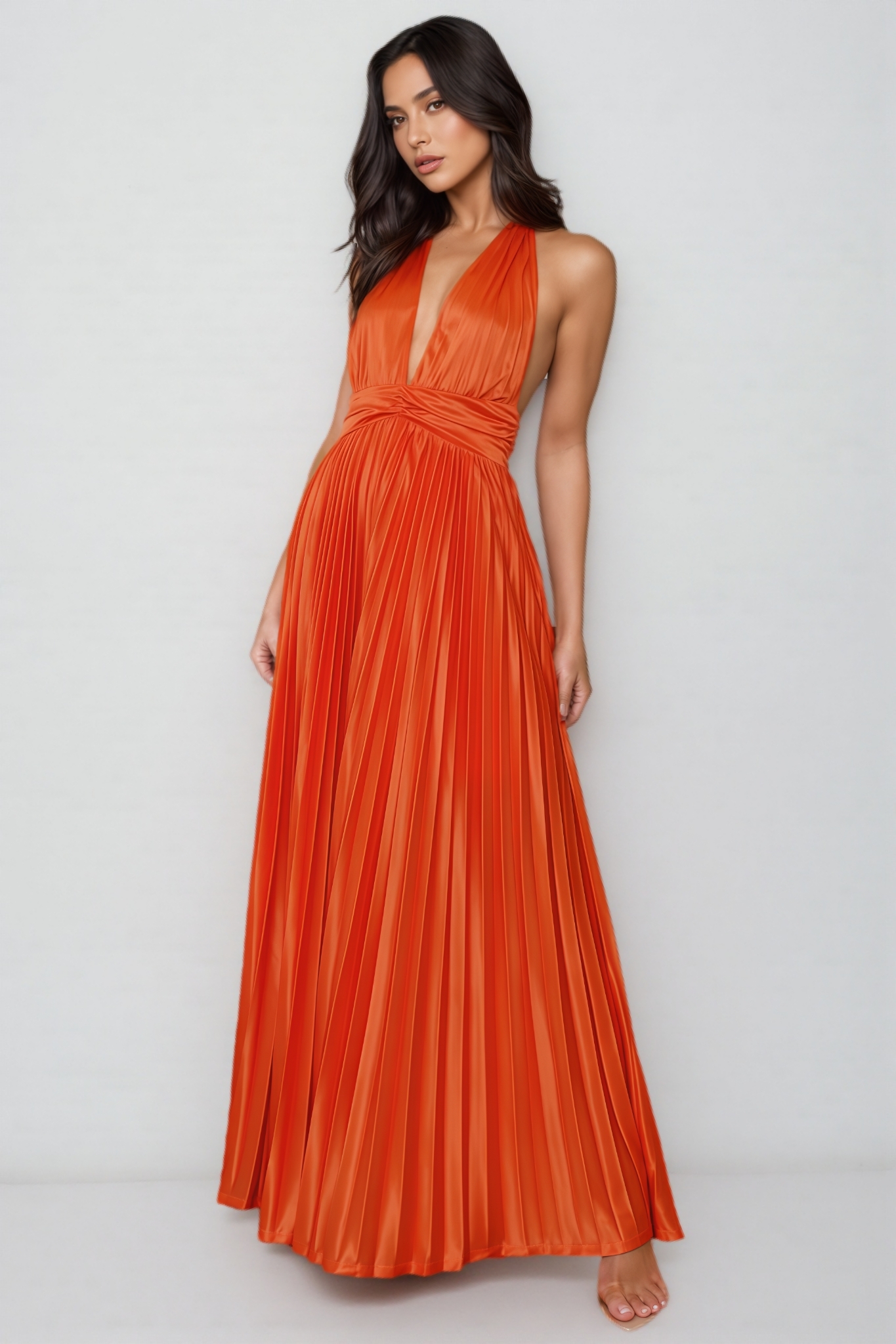 Jesian Orange Pleated Halter Neck Maxi Dress