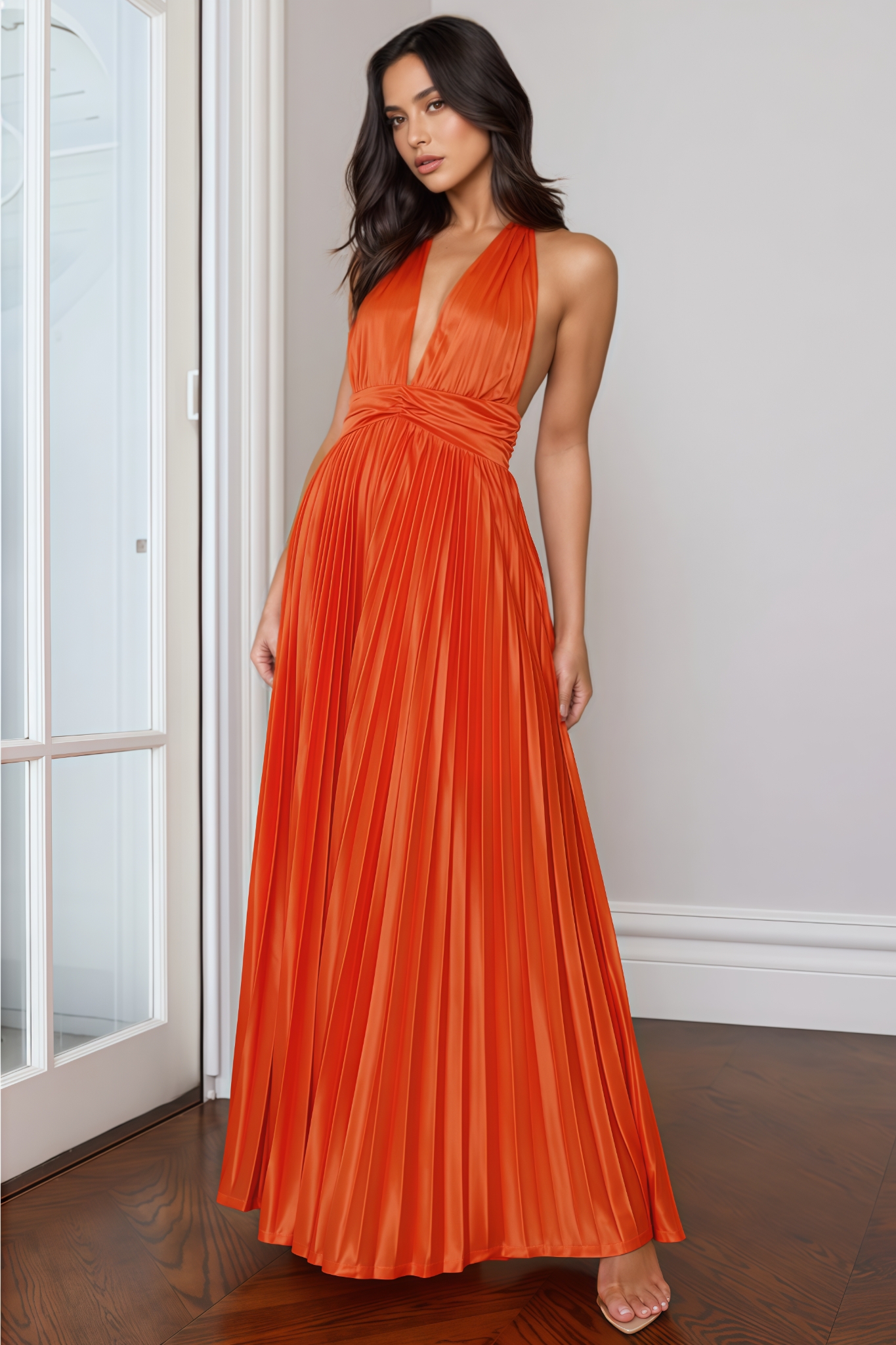 Jesian Orange Pleated Halter Maxi Dress