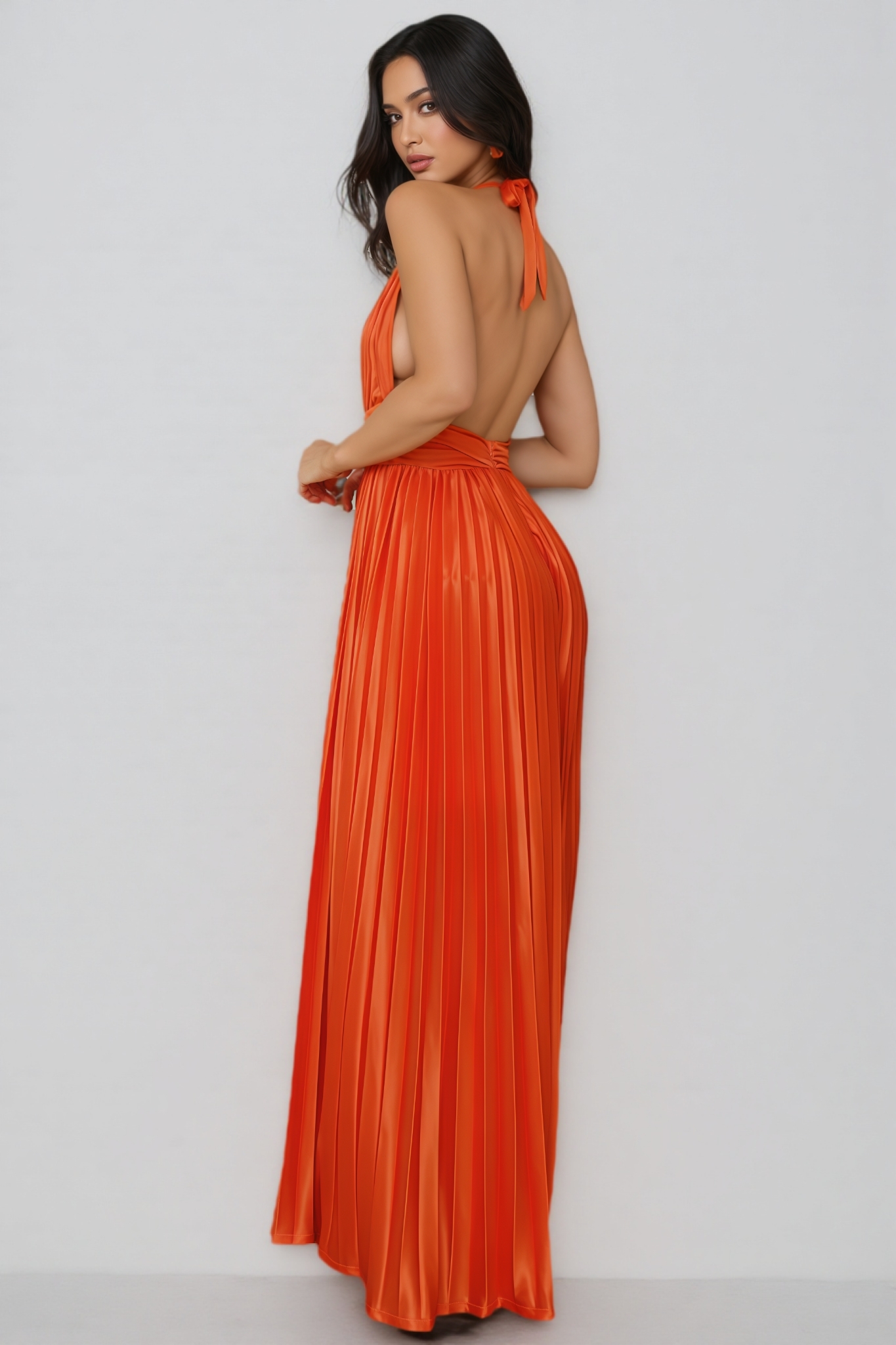 Jesian Orange Pleated Halter Neck Maxi Dress
