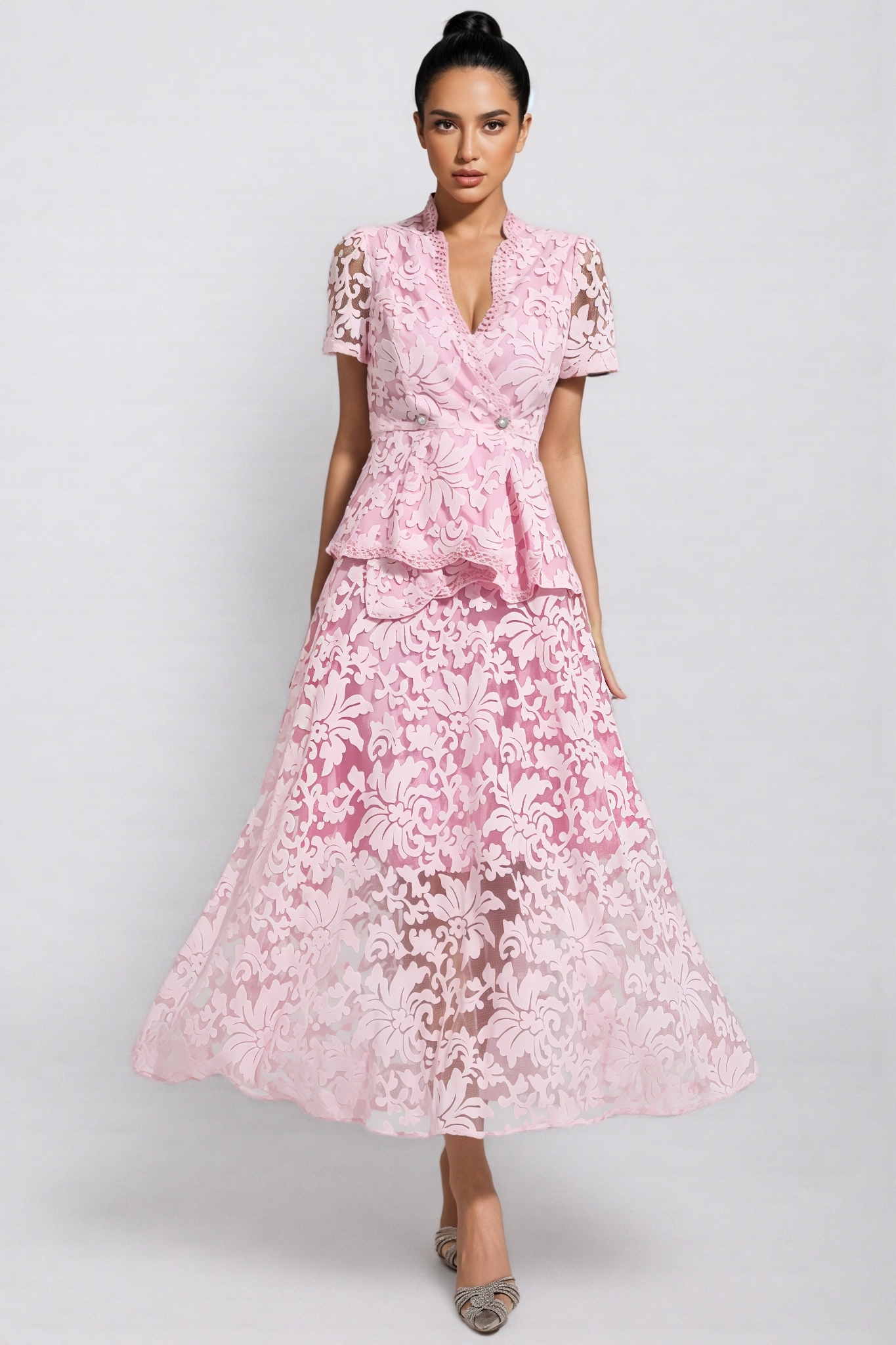Jael Pink Embroidered Lace Maxi Dress Set