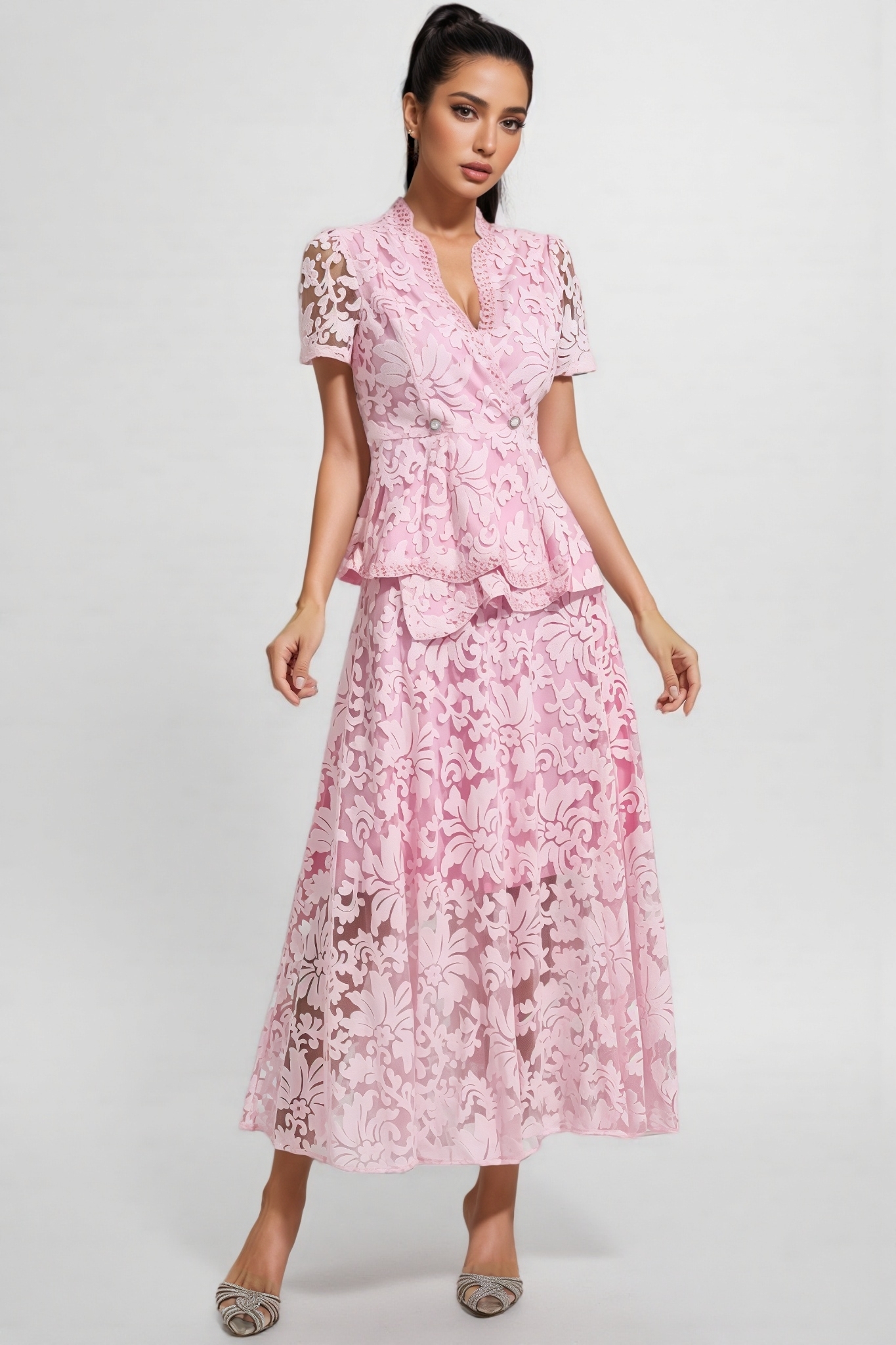 Jael Pink Embroidered Lace Maxi Dress Set