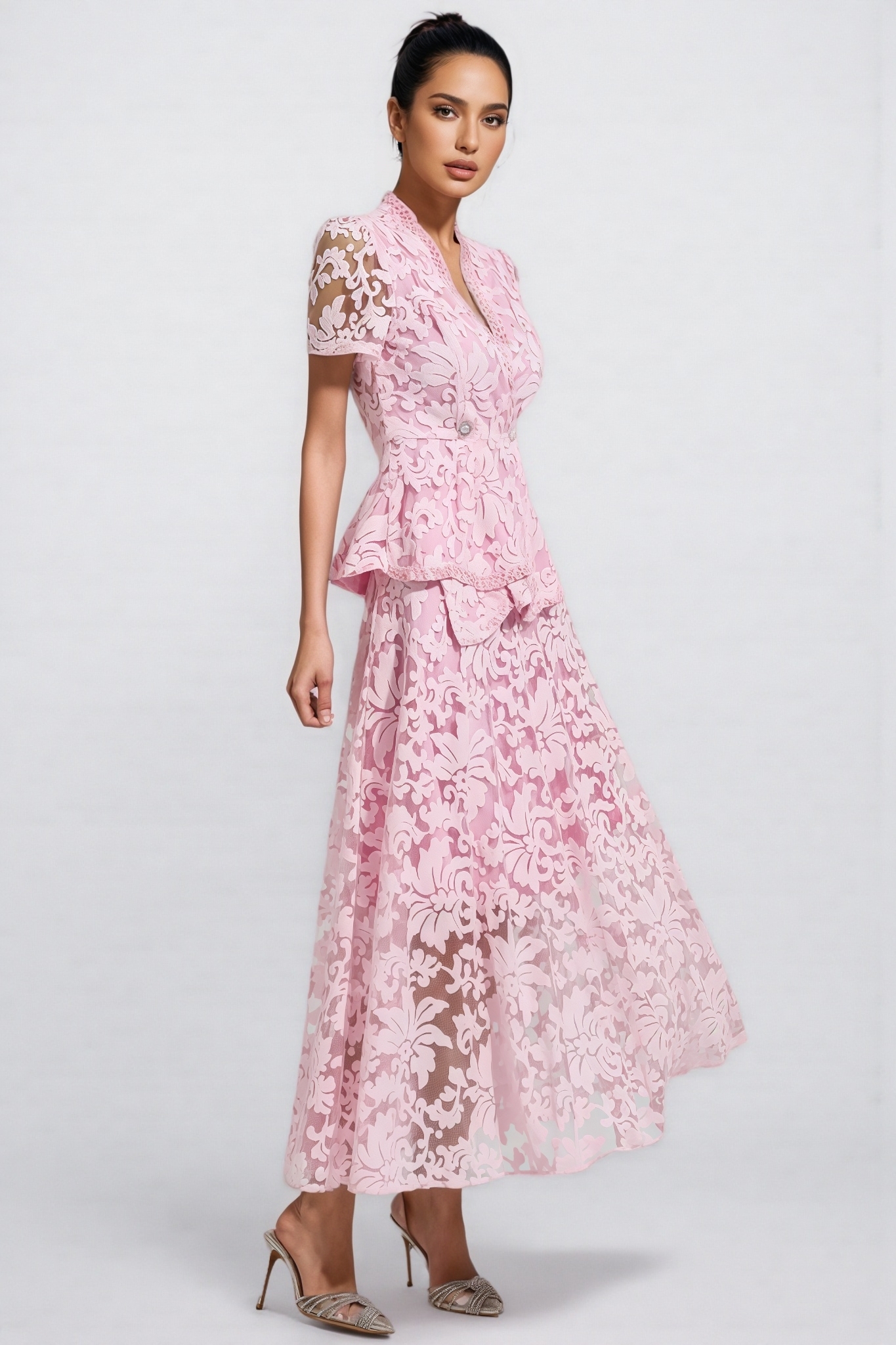 Jael Pink Embroidered Lace Maxi Dress Set