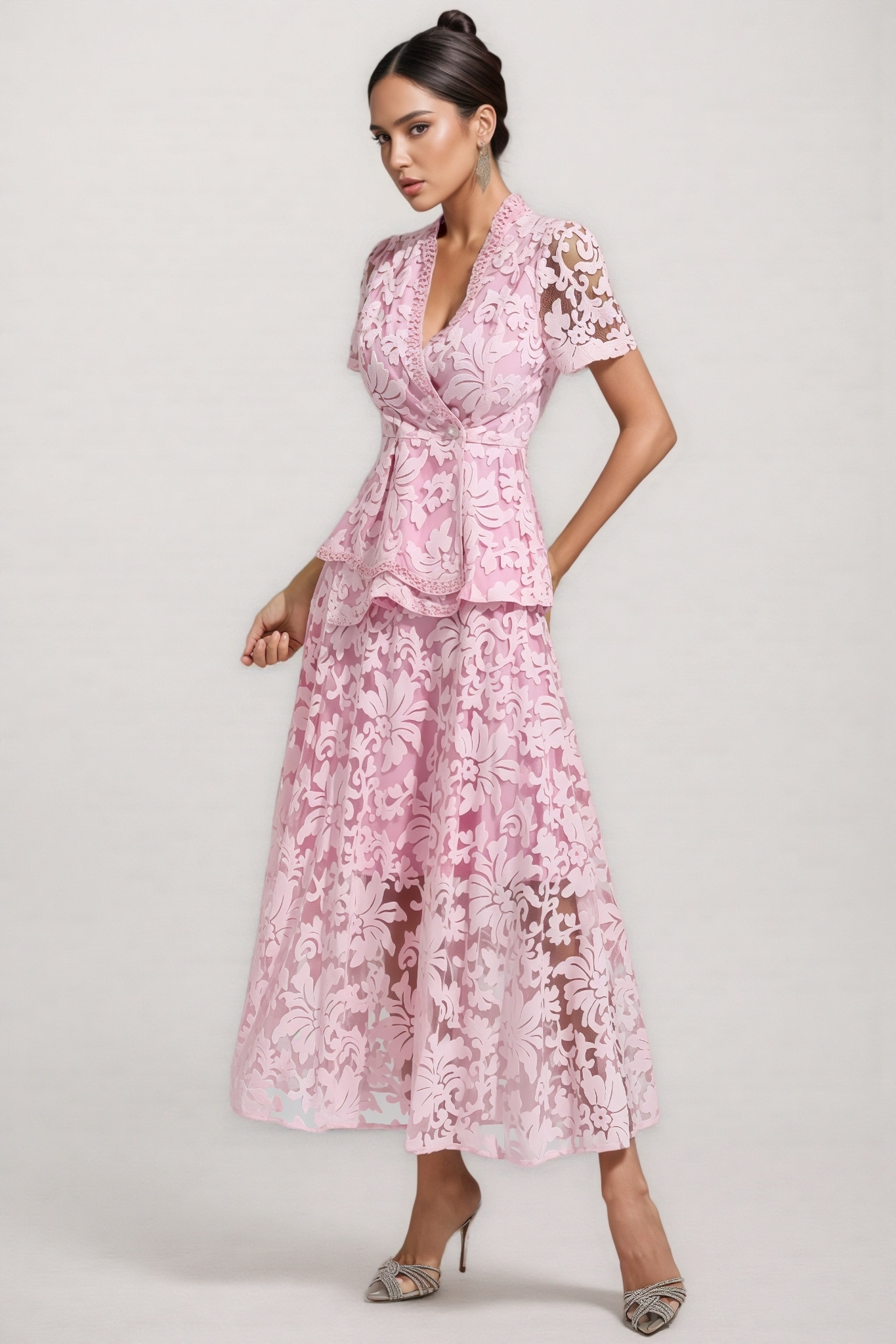 Jael Pink Embroidered Lace Maxi Dress Set