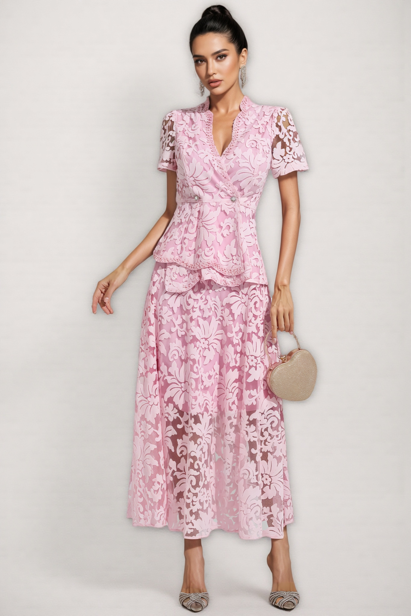 Jael Pink Embroidered Lace Maxi Dress Set