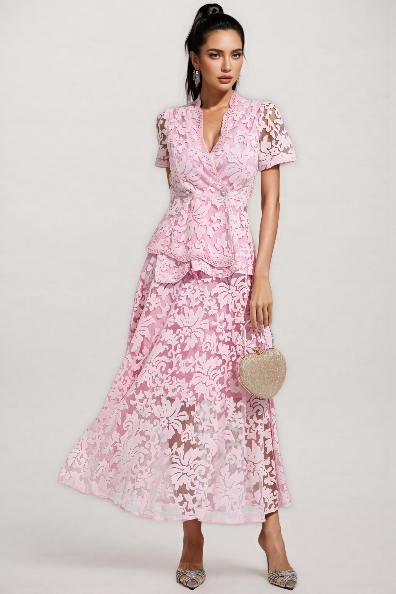 Jael Pink Embroidered Lace Maxi Dress Set