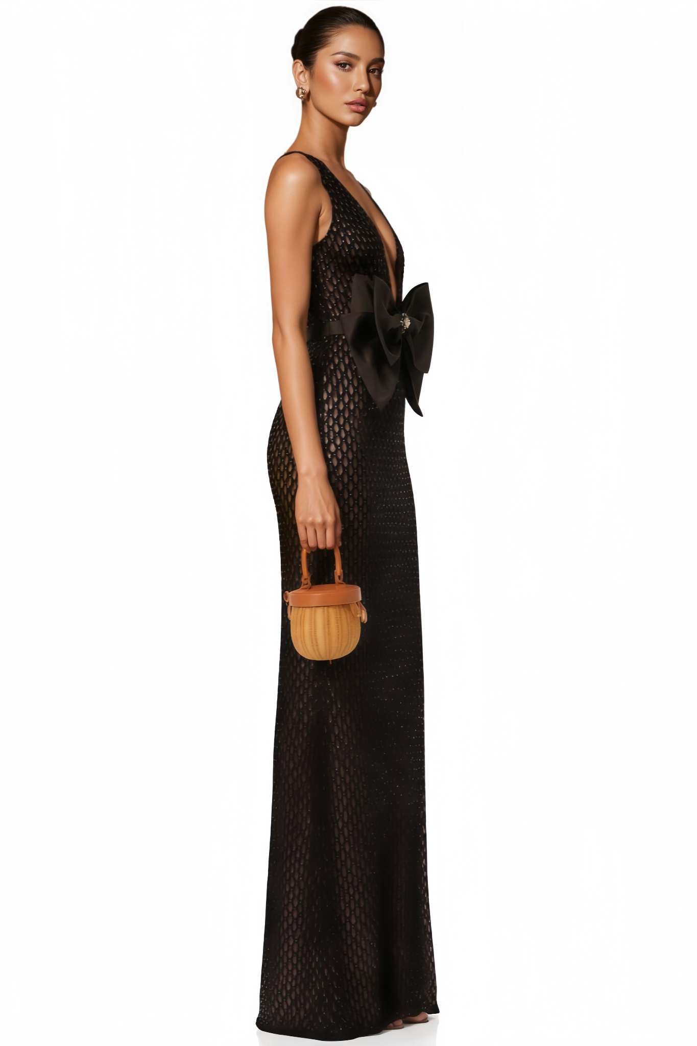 Gaelensd Black Bow Rhinestone V Neck Maxi Dress