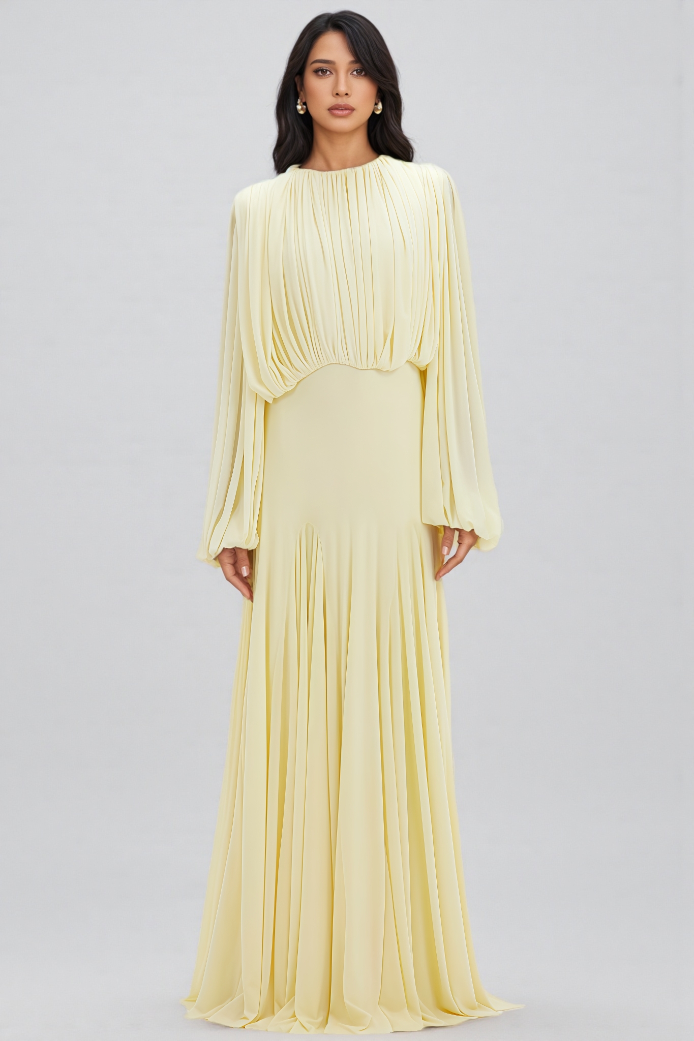 Hiron Yellow Round Neck Pleated Maxi Dress