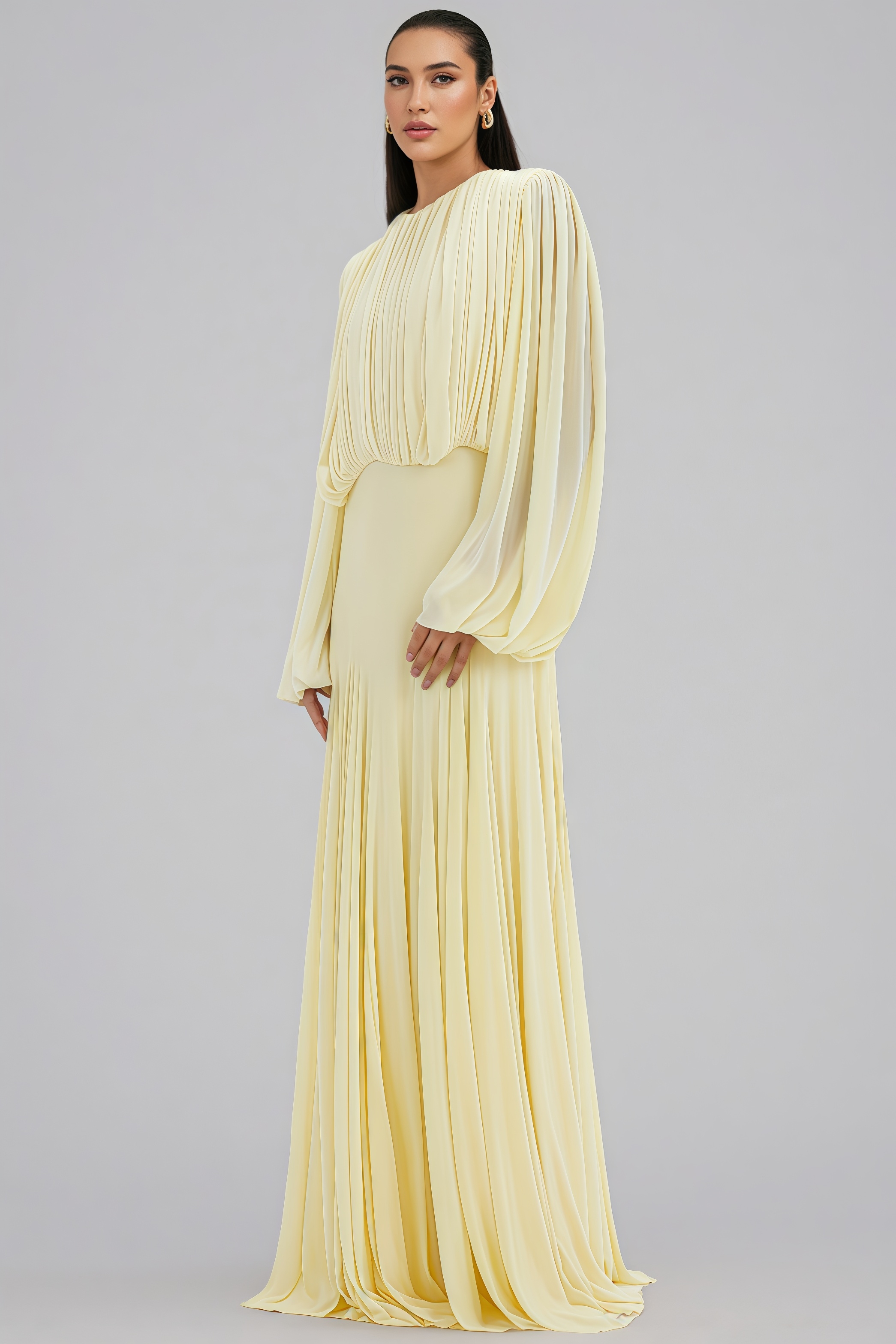 Hiron Yellow Round Neck Pleated Maxi Dress