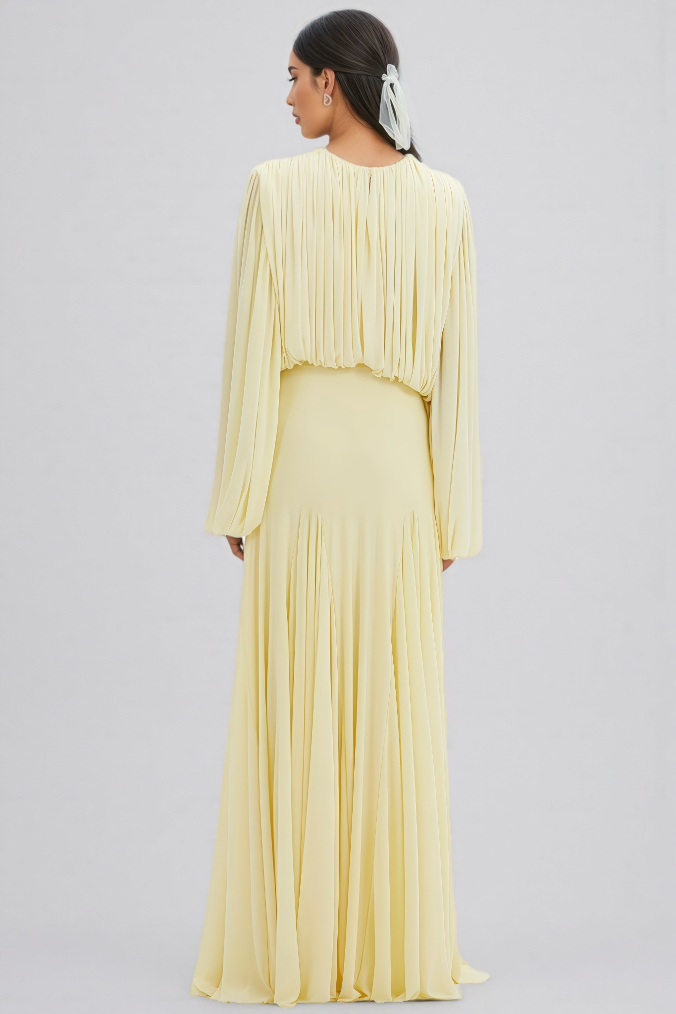 Hiron Yellow Round Neck Pleated Maxi Dress
