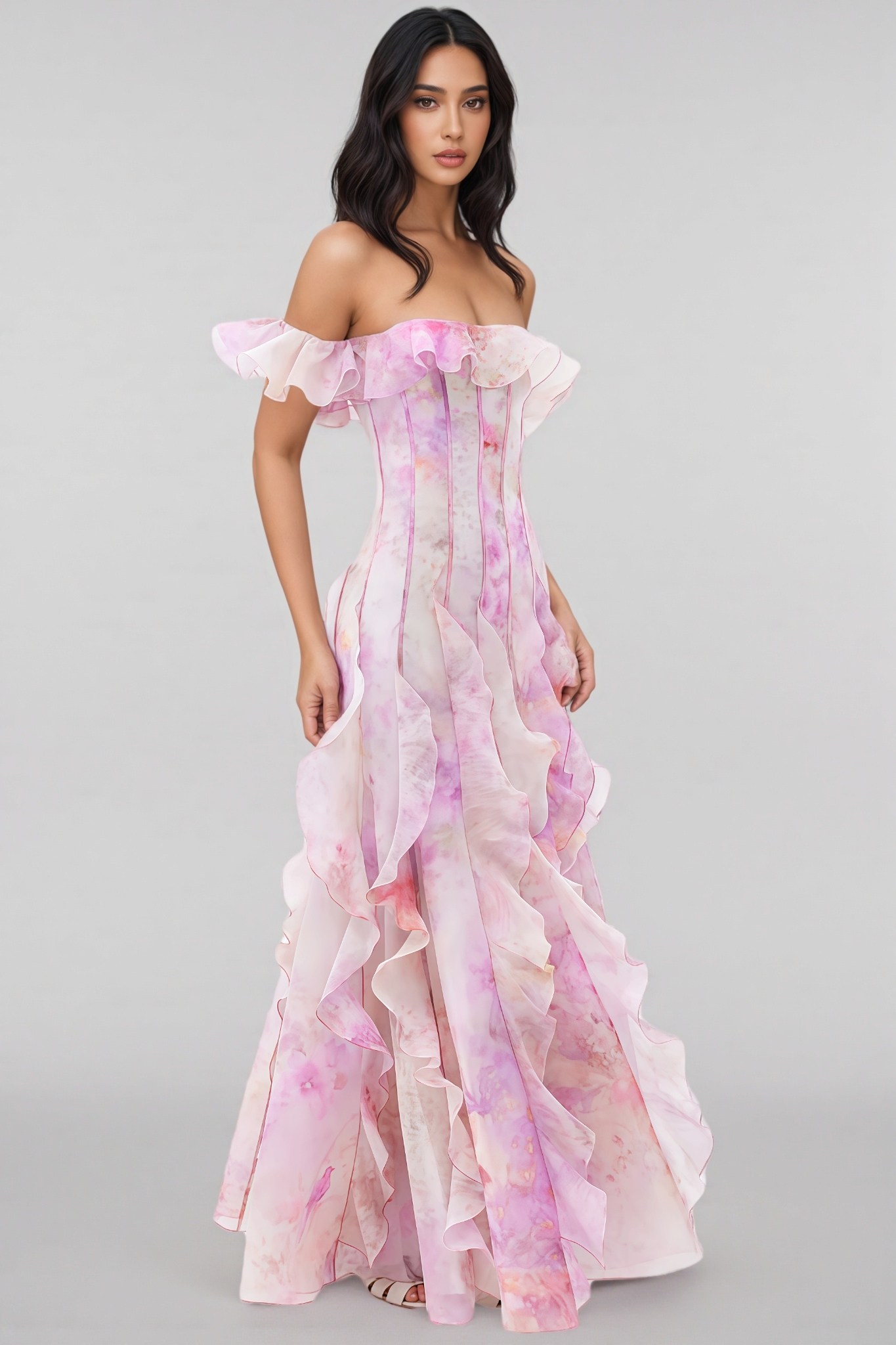 Adonis Pink Floral Ruffled Maxi Dress