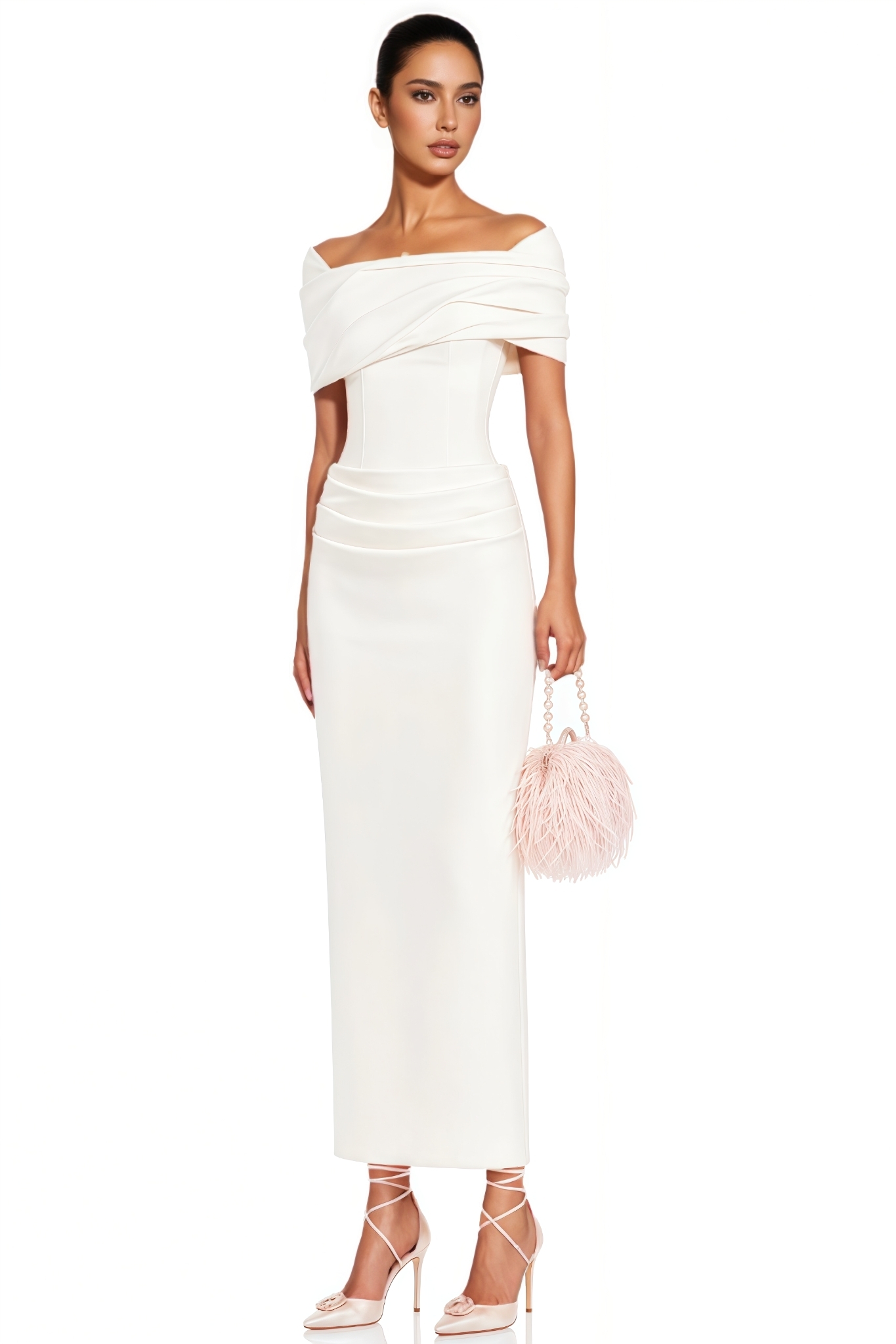 Vorex White Off The Shoulder Draped Maxi Dress