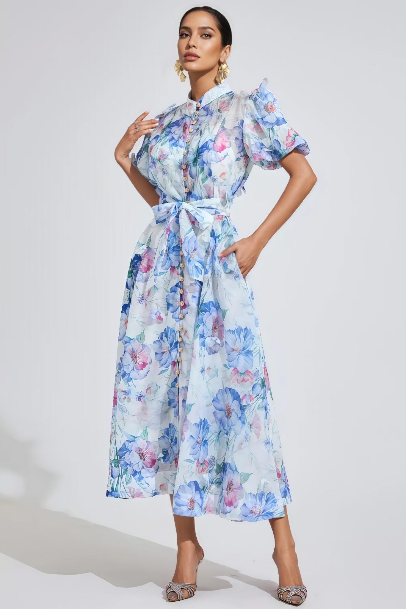 Baian Blue Short Sleeve Floral Midi Dress