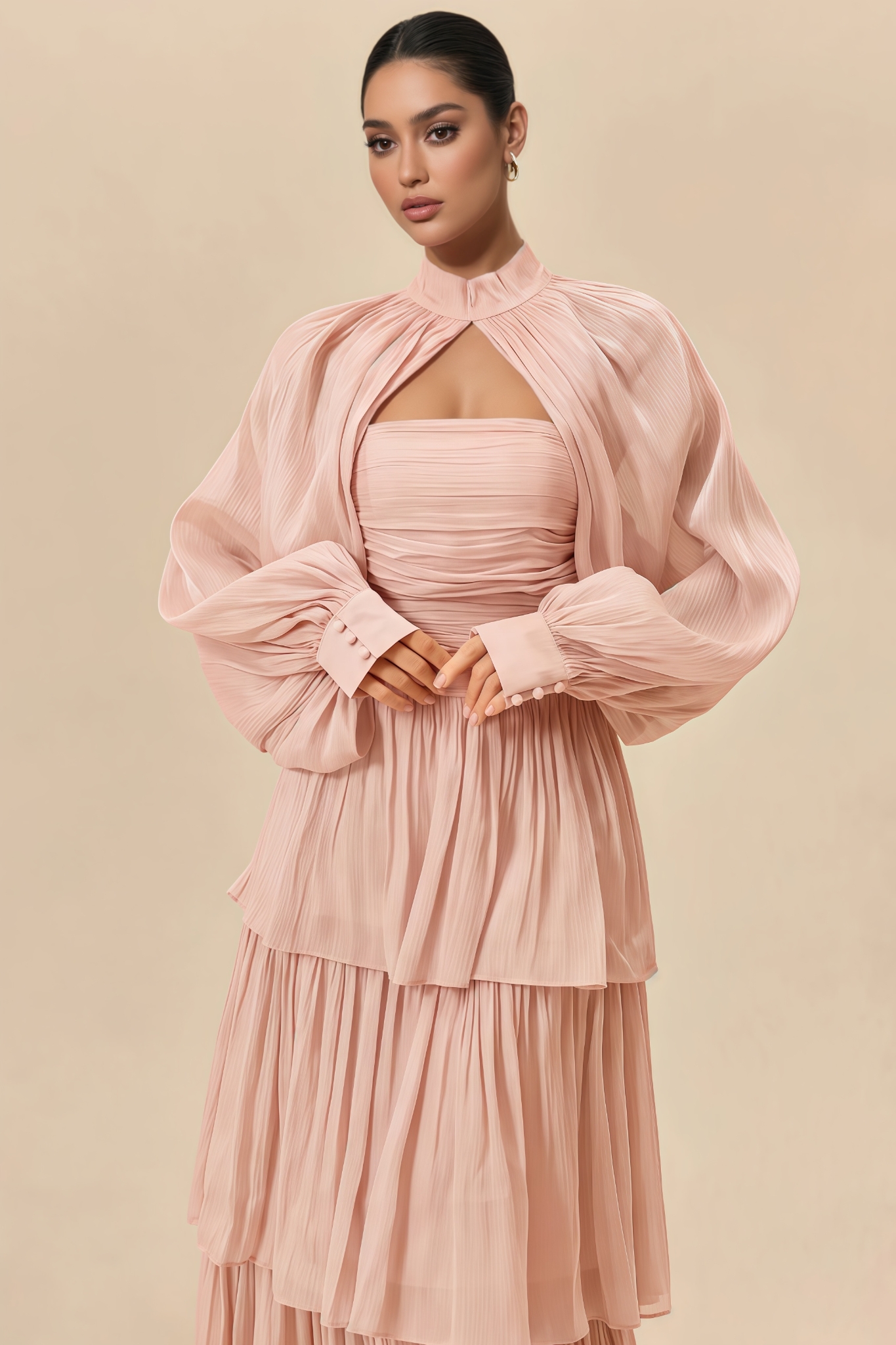 Cryce Pink Long Sleeve Tiered Maxi Dress Set