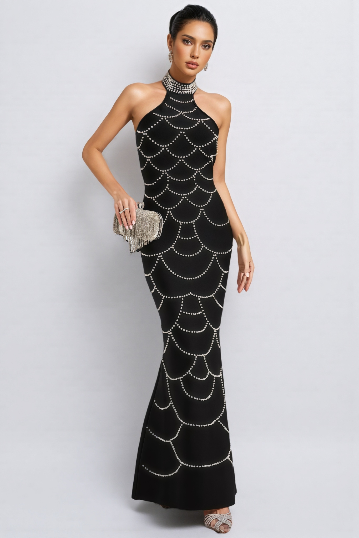 Adley Black Pearl Halter Bandage Maxi Dress