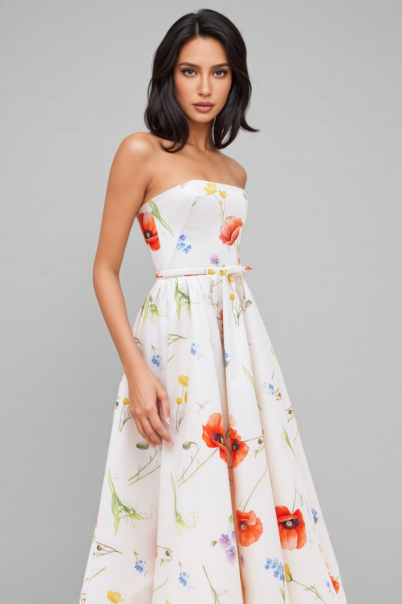 Yloane Strapless Floral Midi Dress