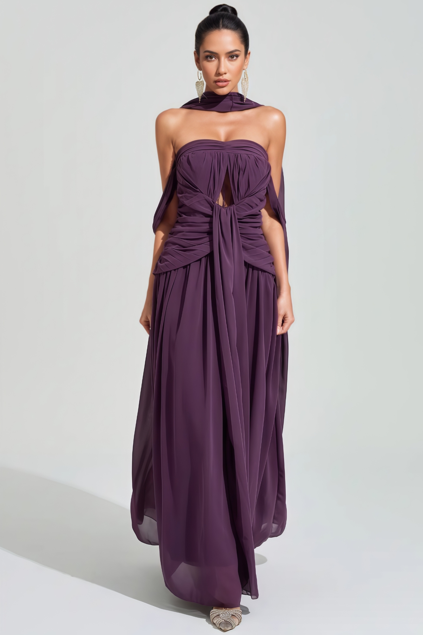 Lyraen Purple Off The Shoulder Draped Maxi Dress