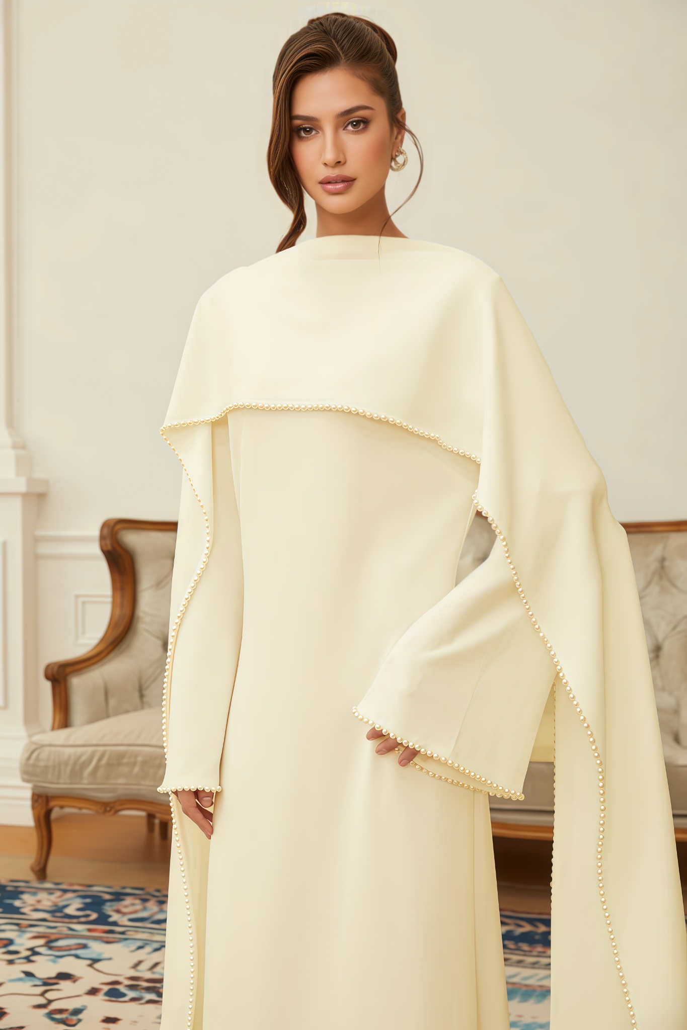 Faran Yellow Pearl Trim Shawl Detail Maxi Dress