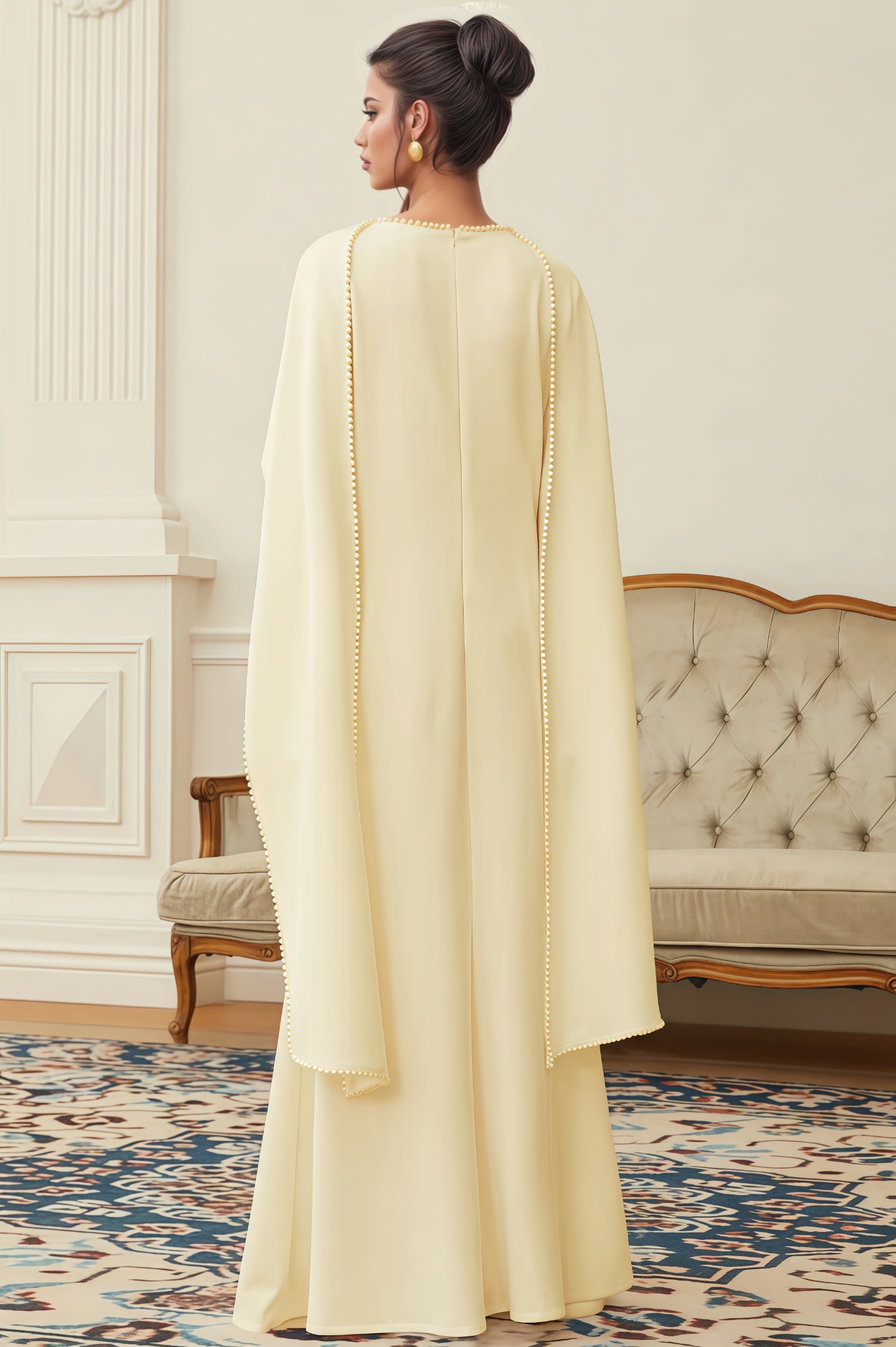 Faran Yellow Pearl Trim Shawl Detail Maxi Dress