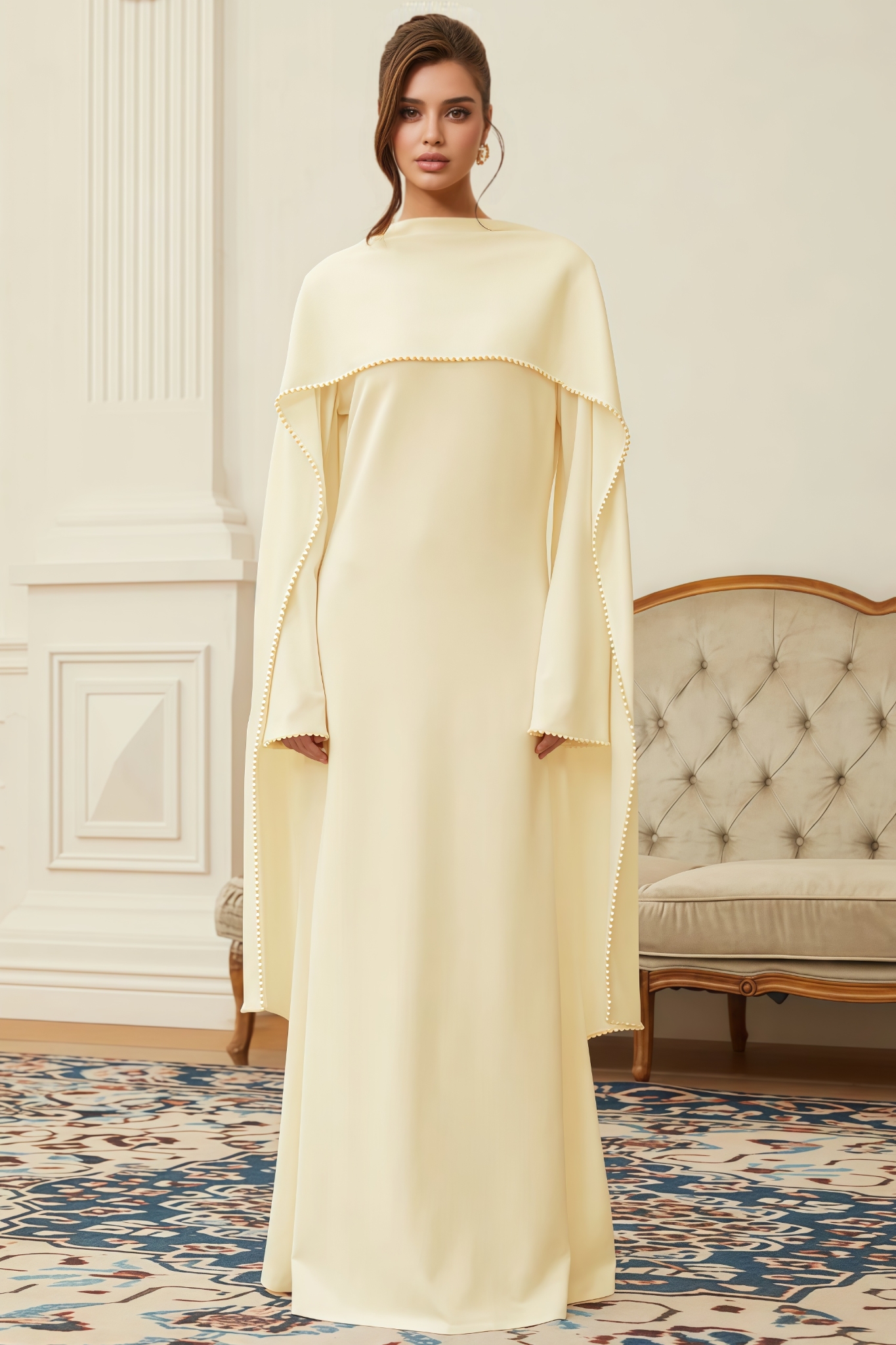 Faran Yellow Pearl Trim Shawl Detail Maxi Dress