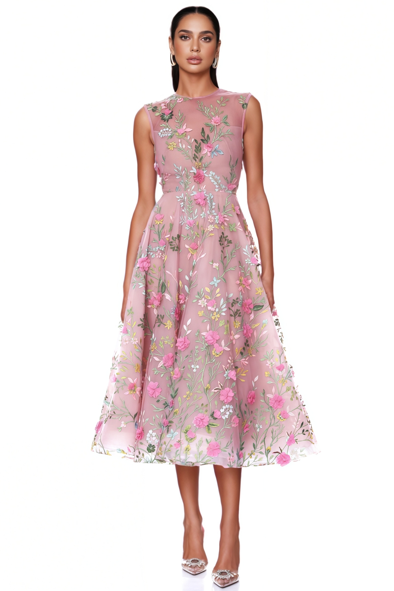 Kyric Pink Sleeveless 3D Floral Midi Dress