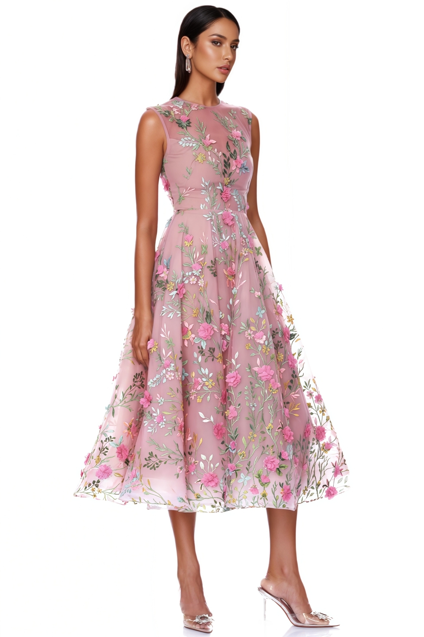Kyric Pink Sleeveless 3D Floral Midi Dress