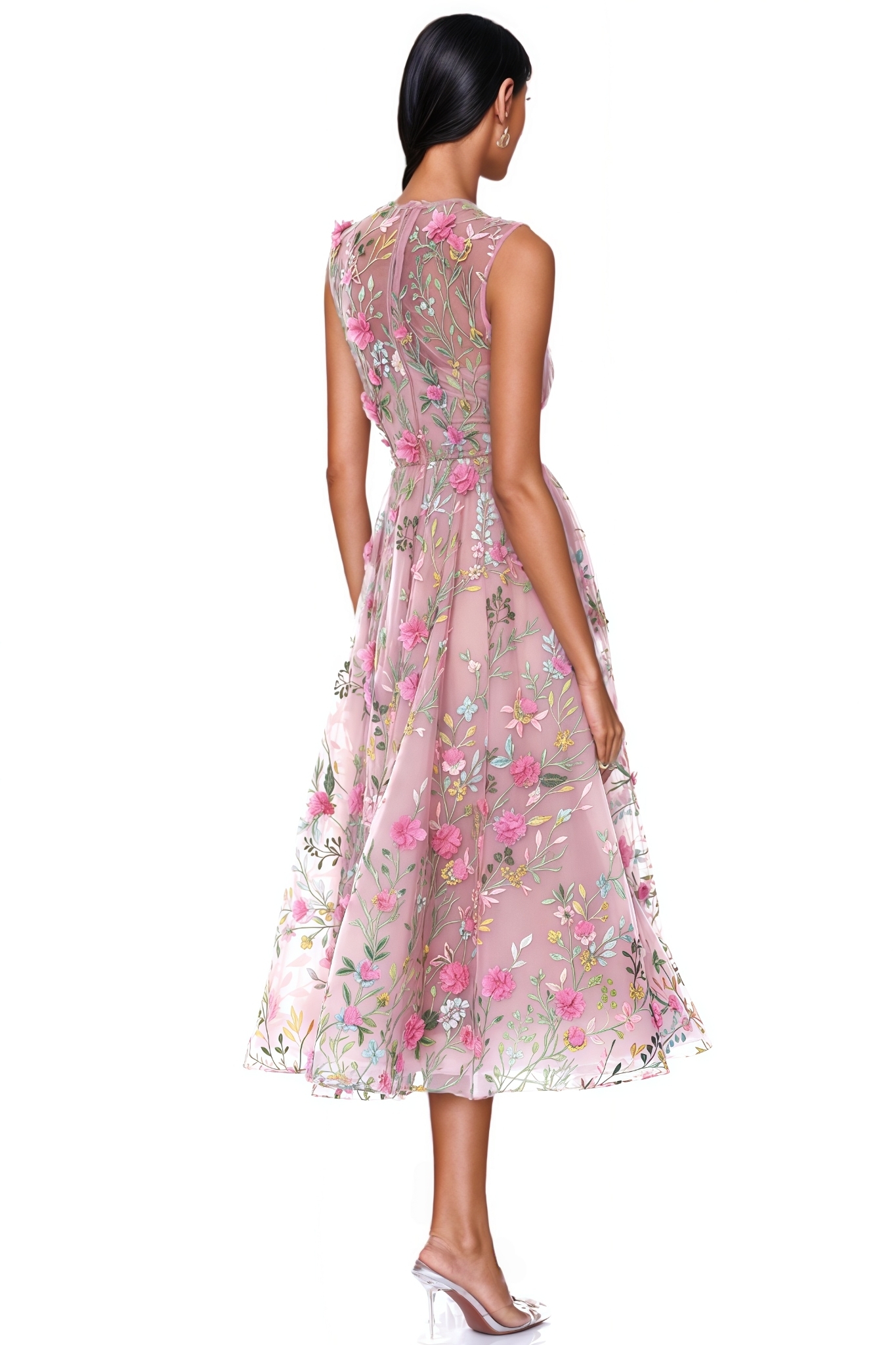 Kyric Pink Sleeveless 3D Floral Midi Dress