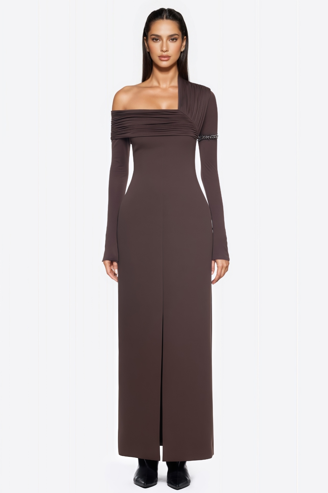 Heray Brown Pleated High Slit Maxi Dress