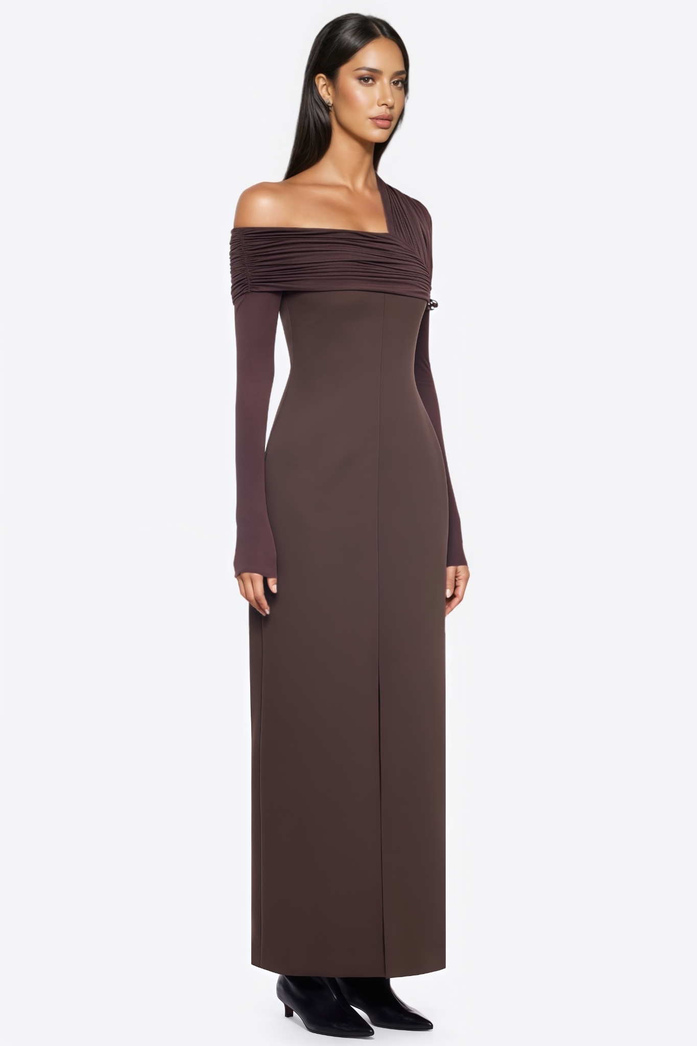 Heray Brown Pleated High Slit Maxi Dress
