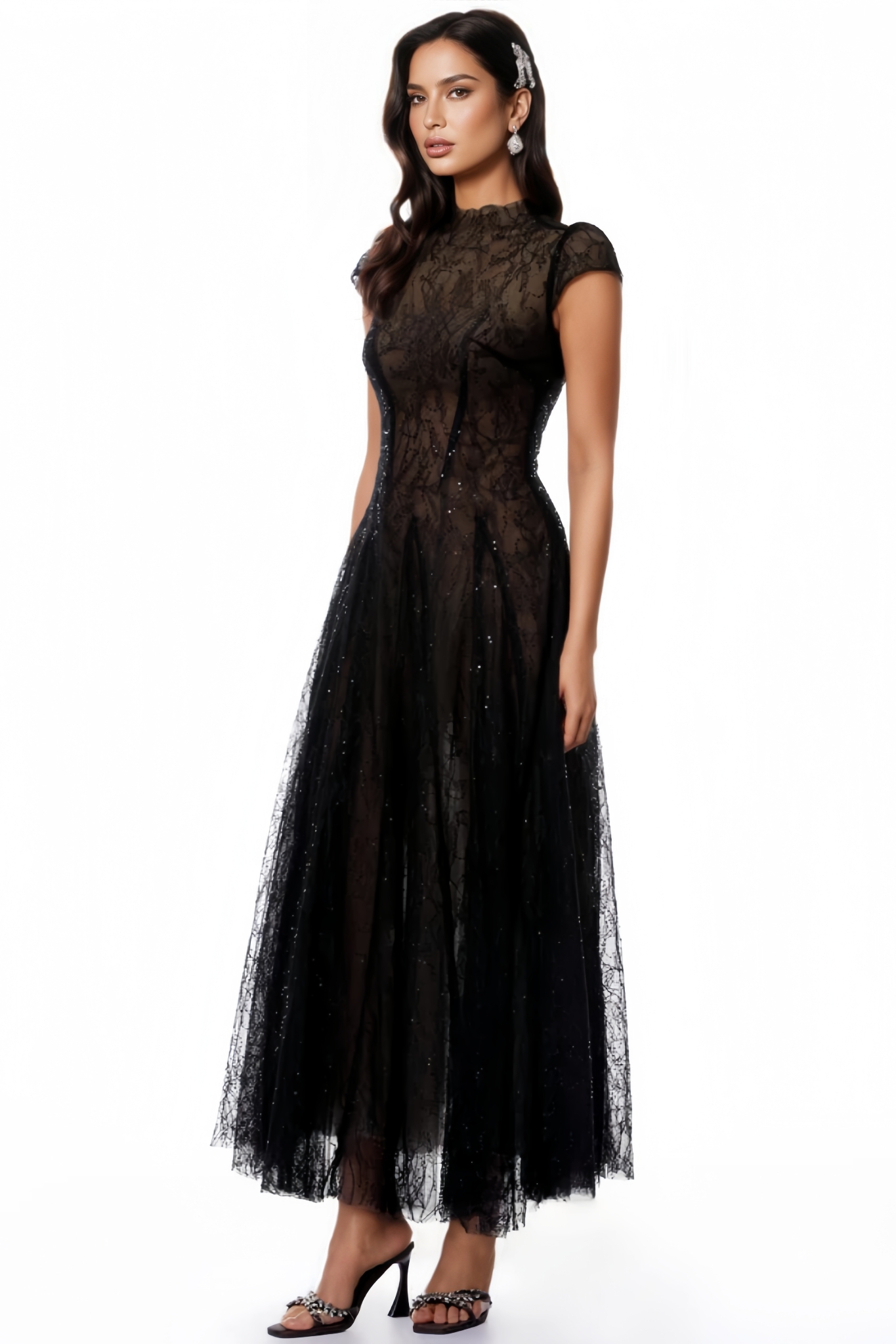 Maledy Black Sequin Lace Maxi Dress