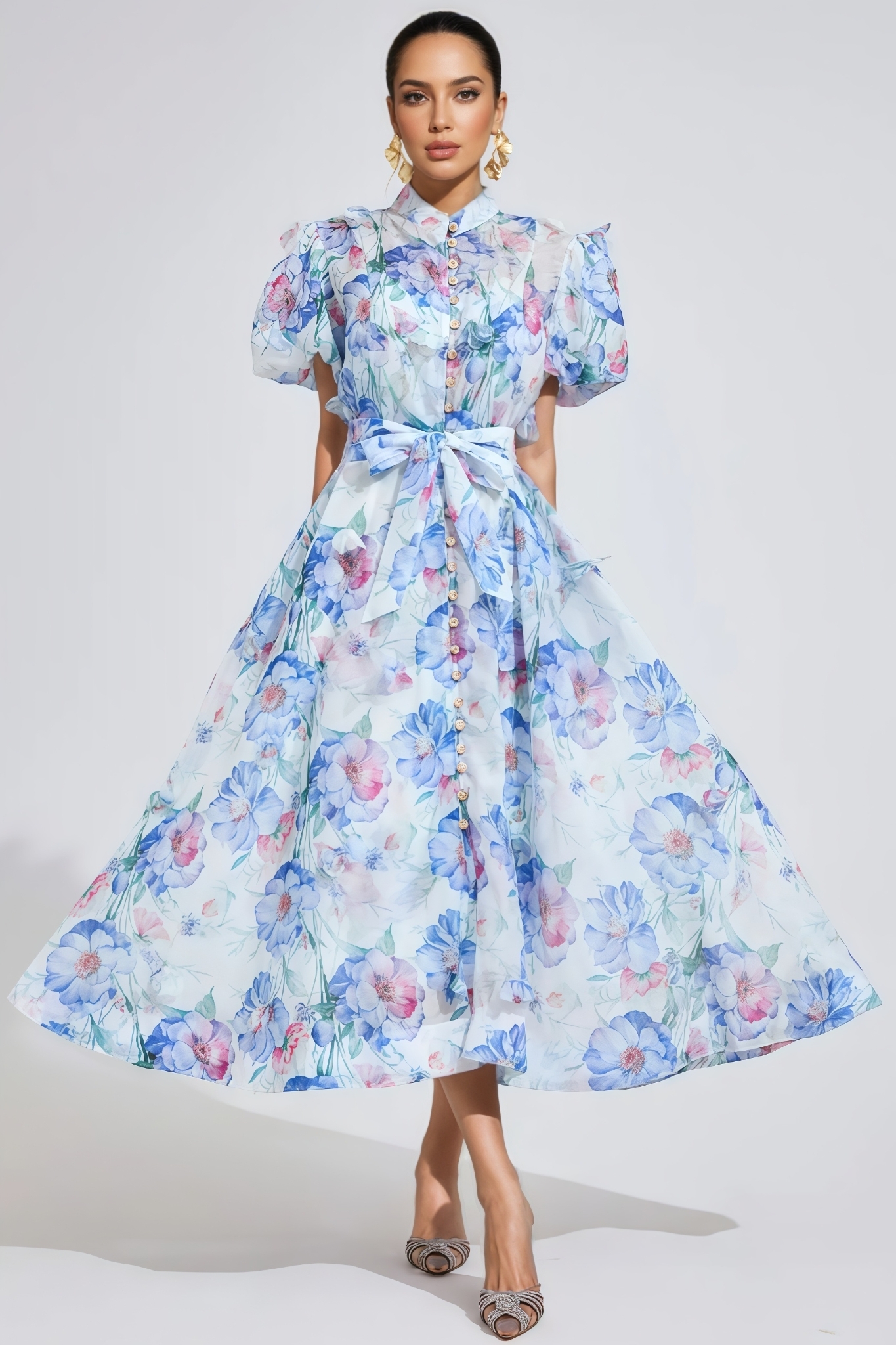 Baian Blue Short Sleeve Floral Midi Dress
