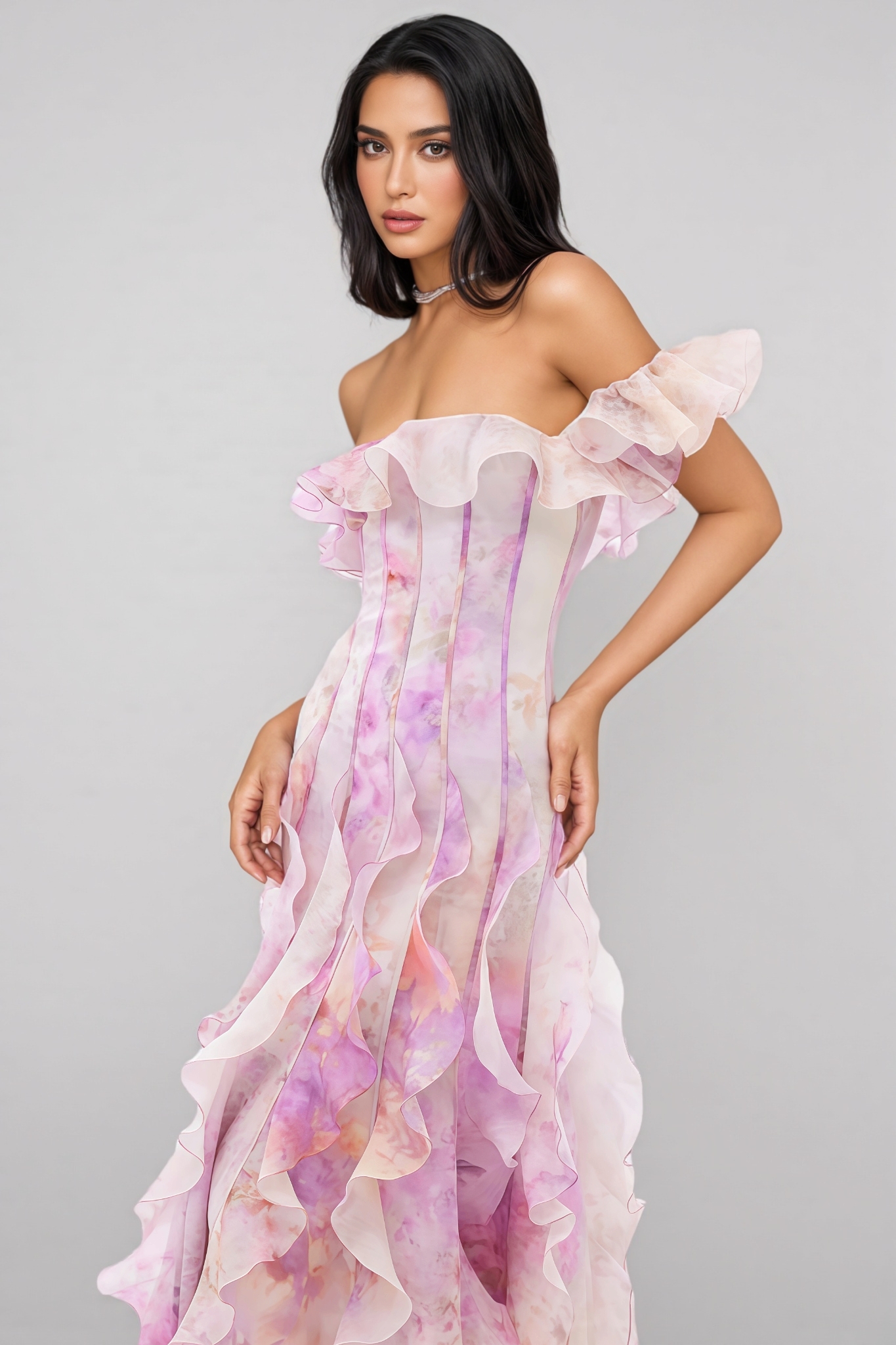 Adonis Pink Floral Ruffled Maxi Dress