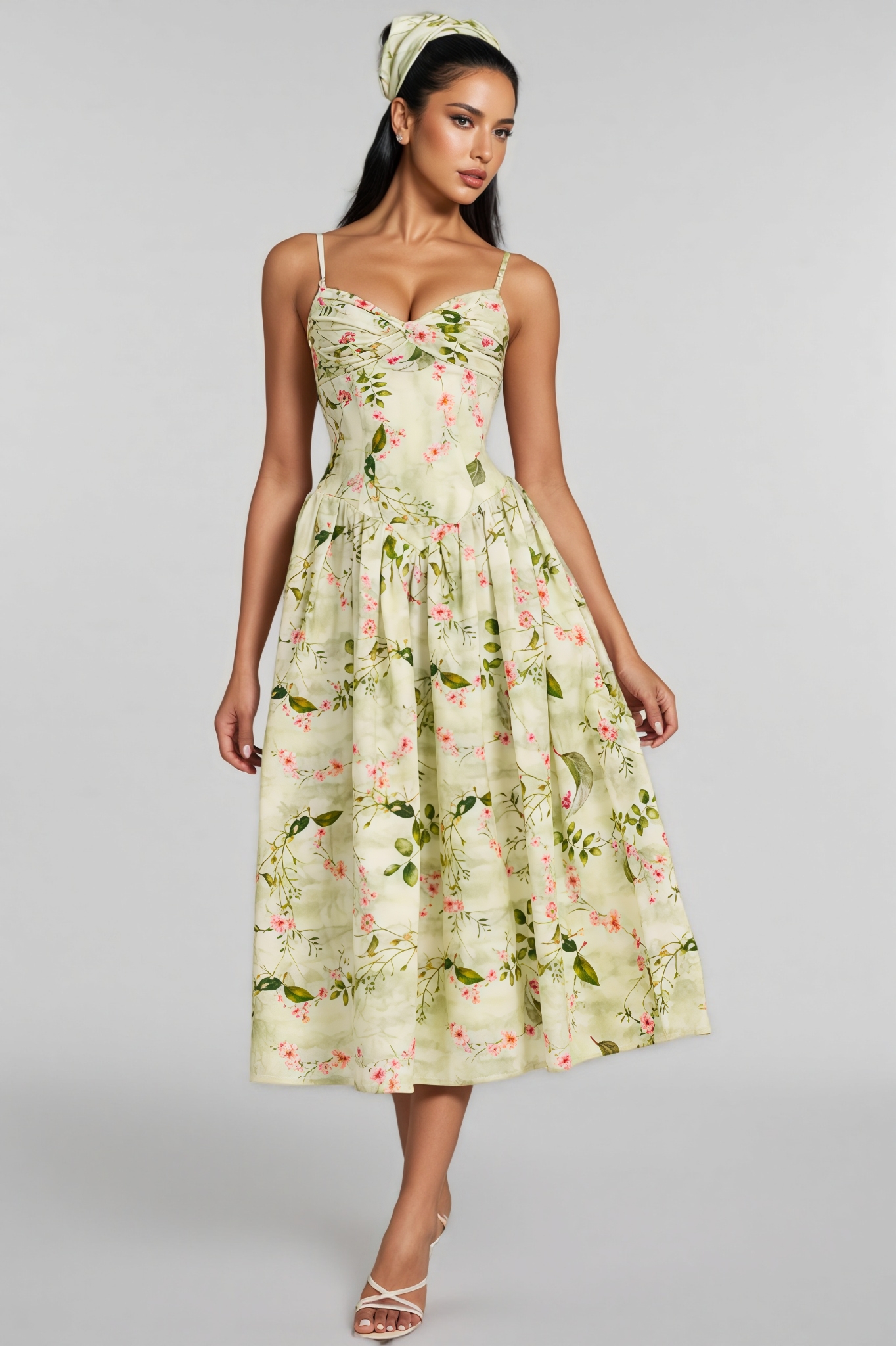 Raleign Green Floral Print Ruched Midi Dress