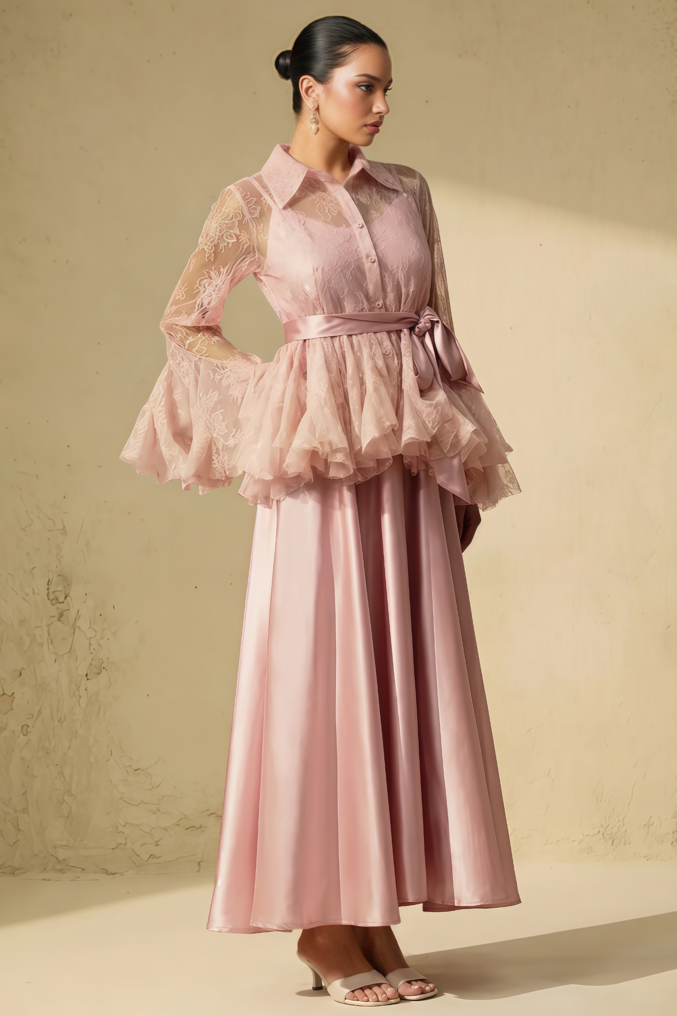 Cetorn Pink Sheer Ruffled Blouse Maxi Dress Set