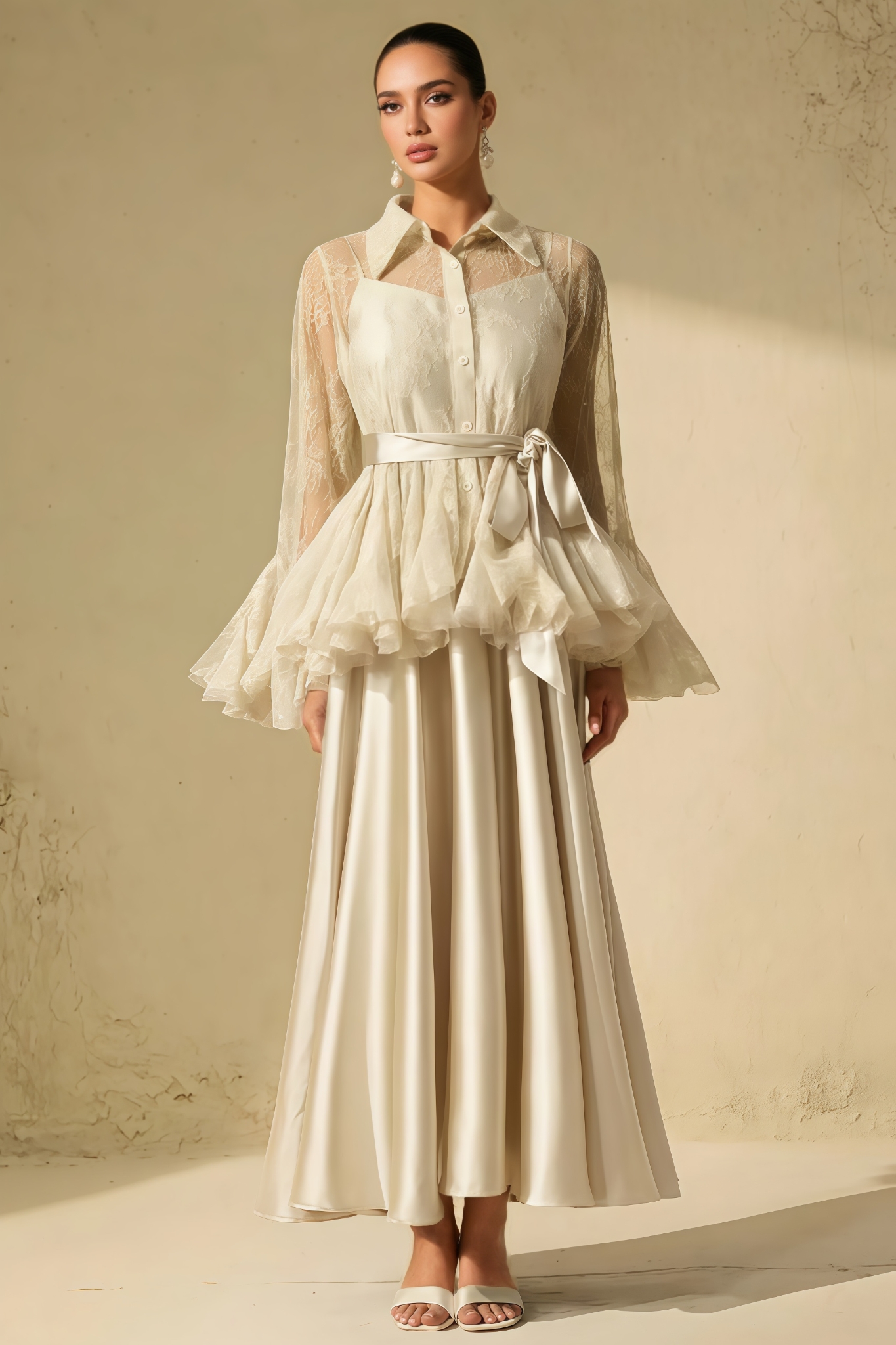 Teviny Beige Lace Ruffled Blouse Satin Maxi Dress Set