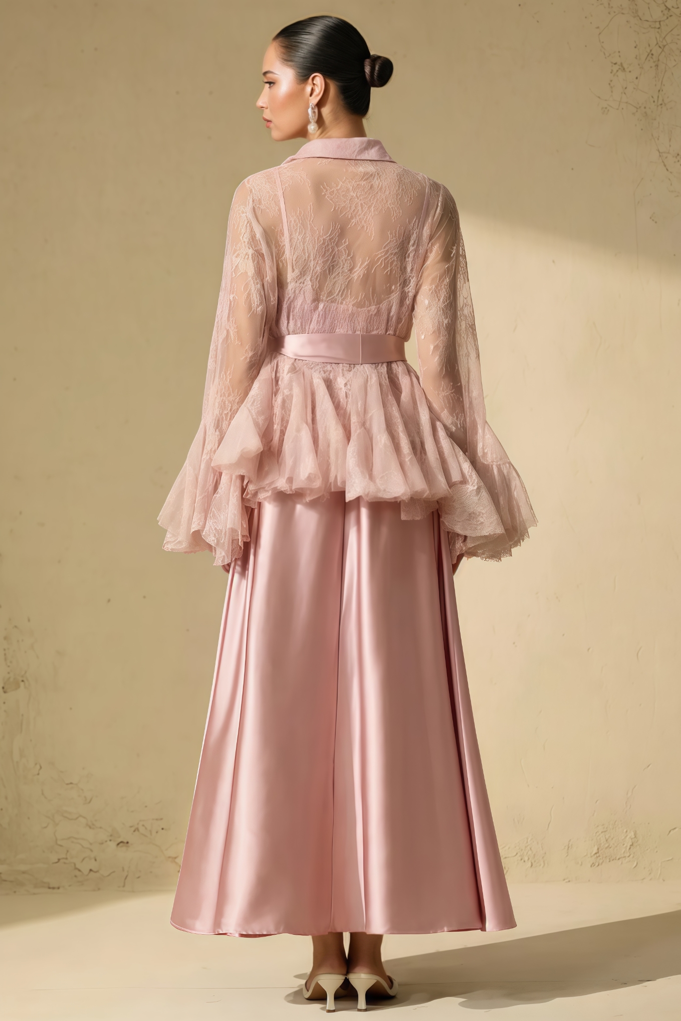 Cetorn Pink Sheer Ruffled Blouse Maxi Dress Set
