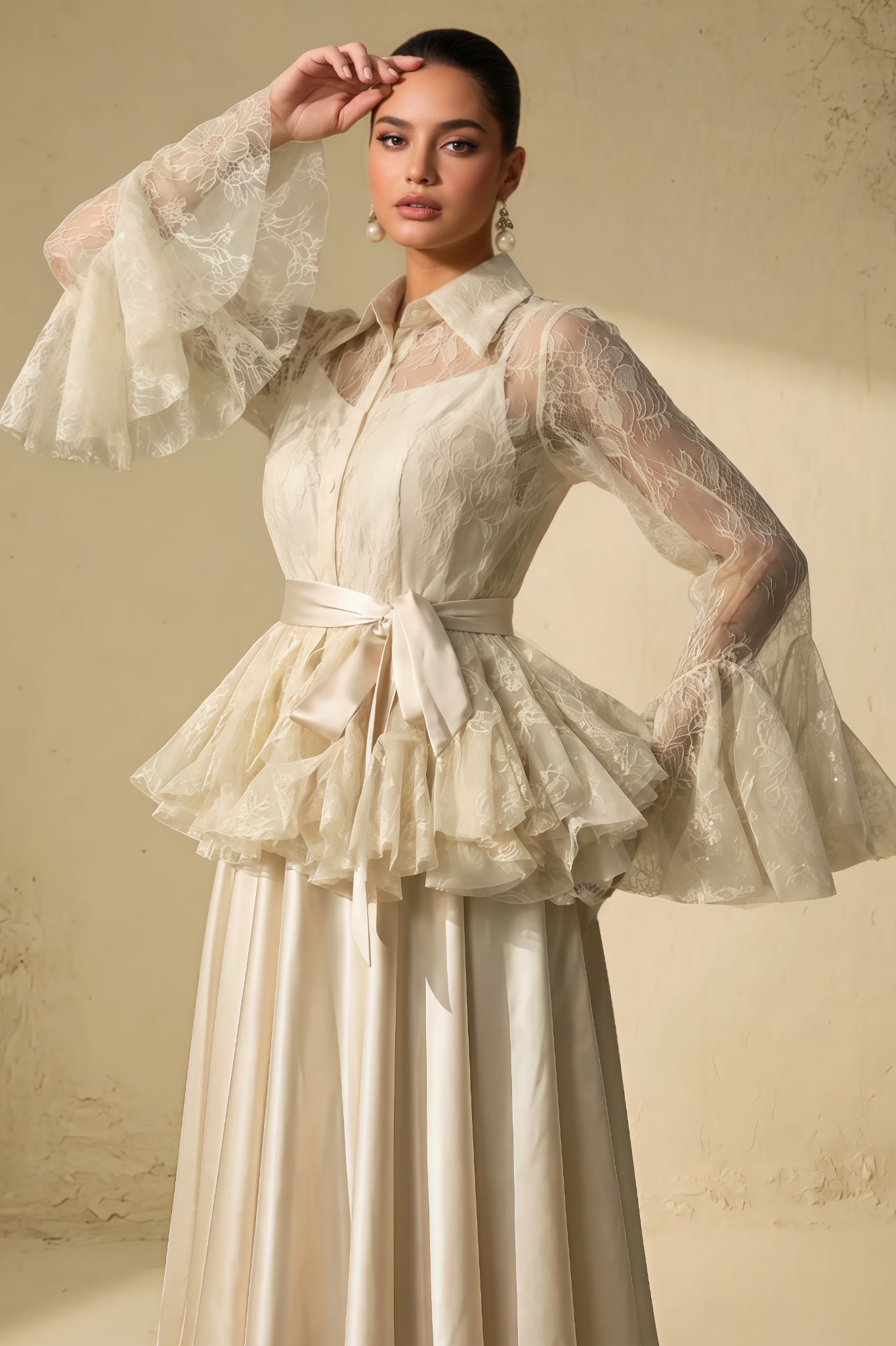 Teviny Beige Lace Ruffled Blouse Satin Maxi Dress Set