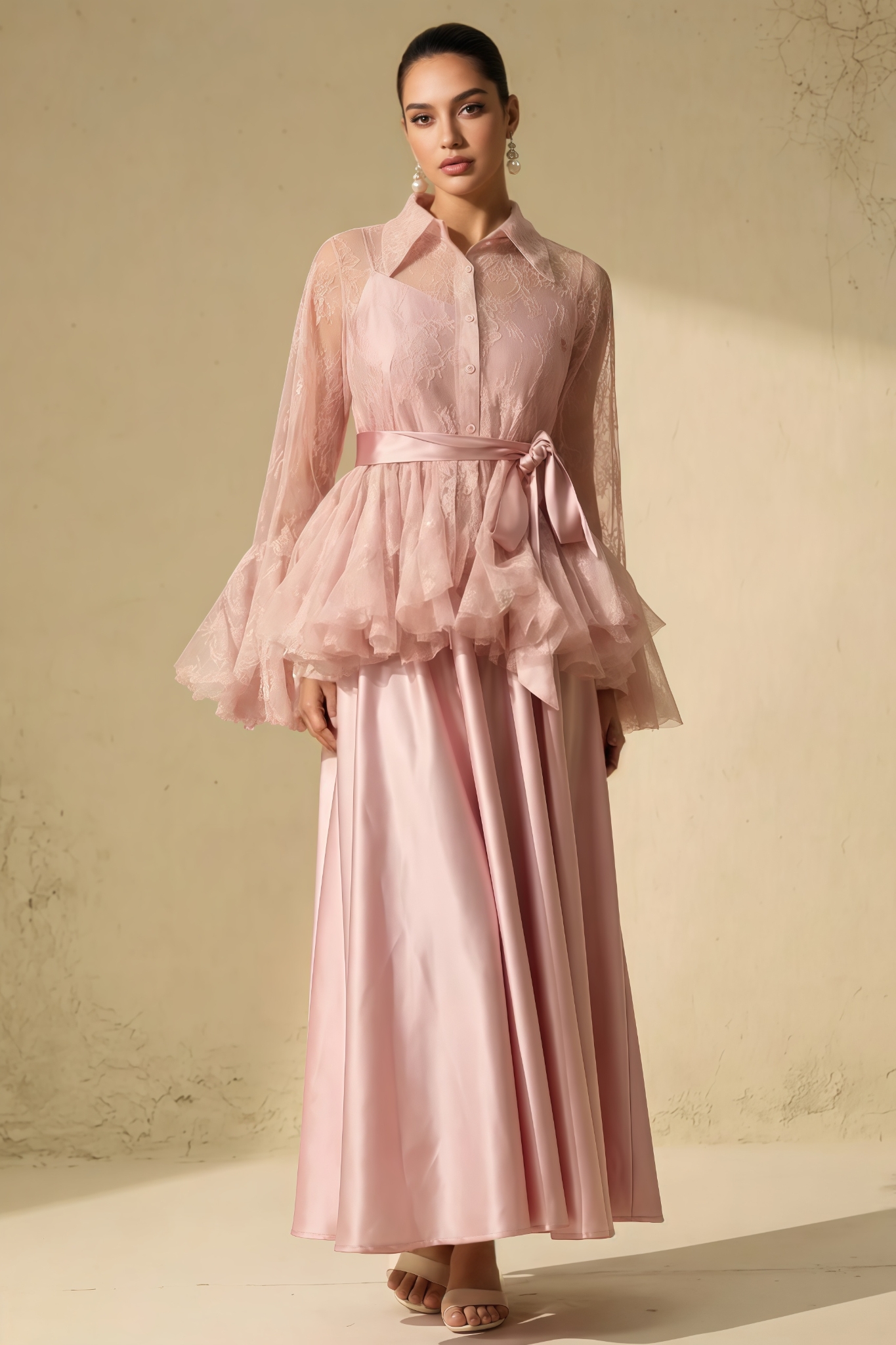 Cetorn Pink Sheer Ruffled Blouse Maxi Dress Set