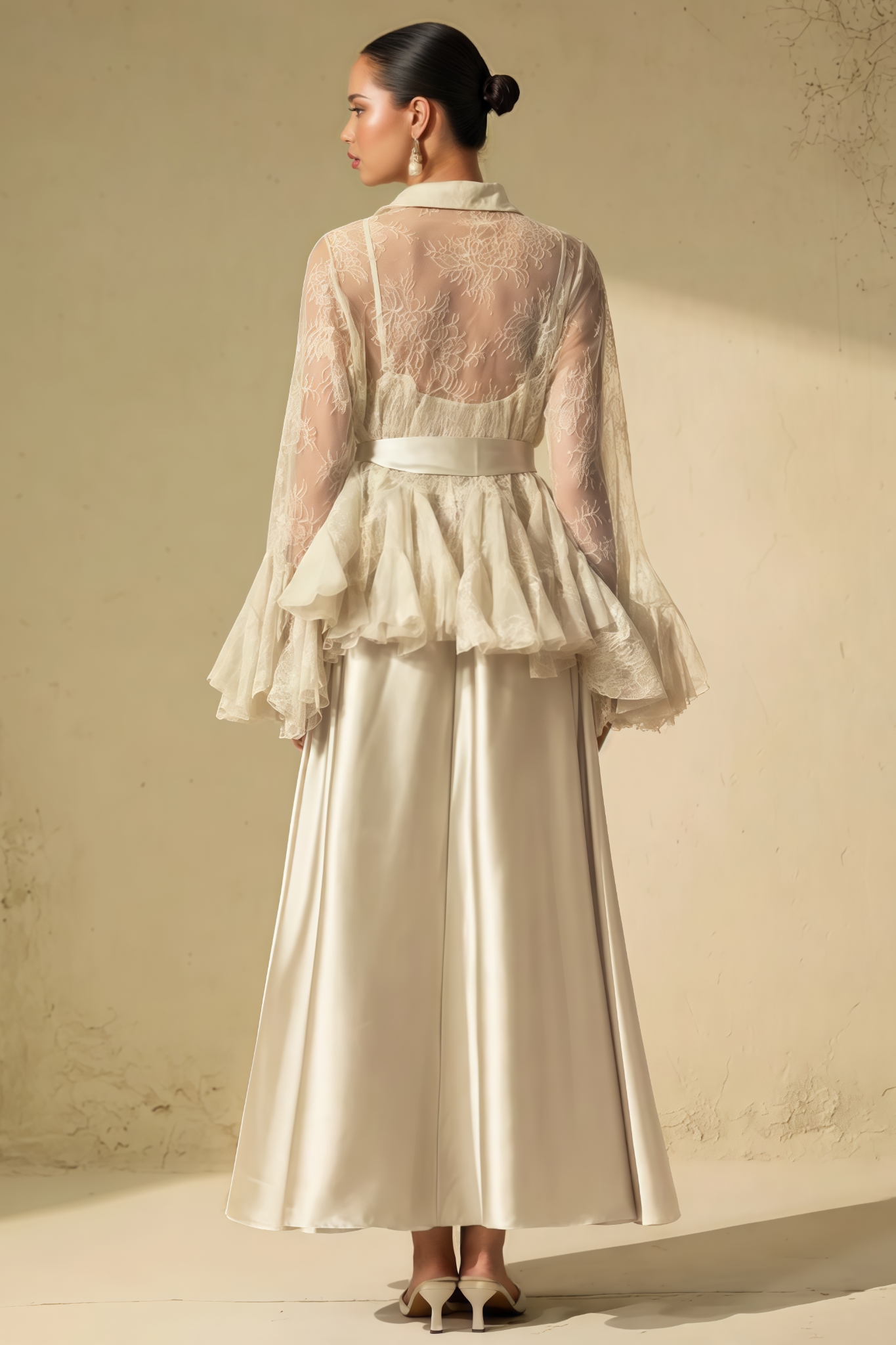 Teviny Beige Lace Ruffled Blouse Satin Maxi Dress Set