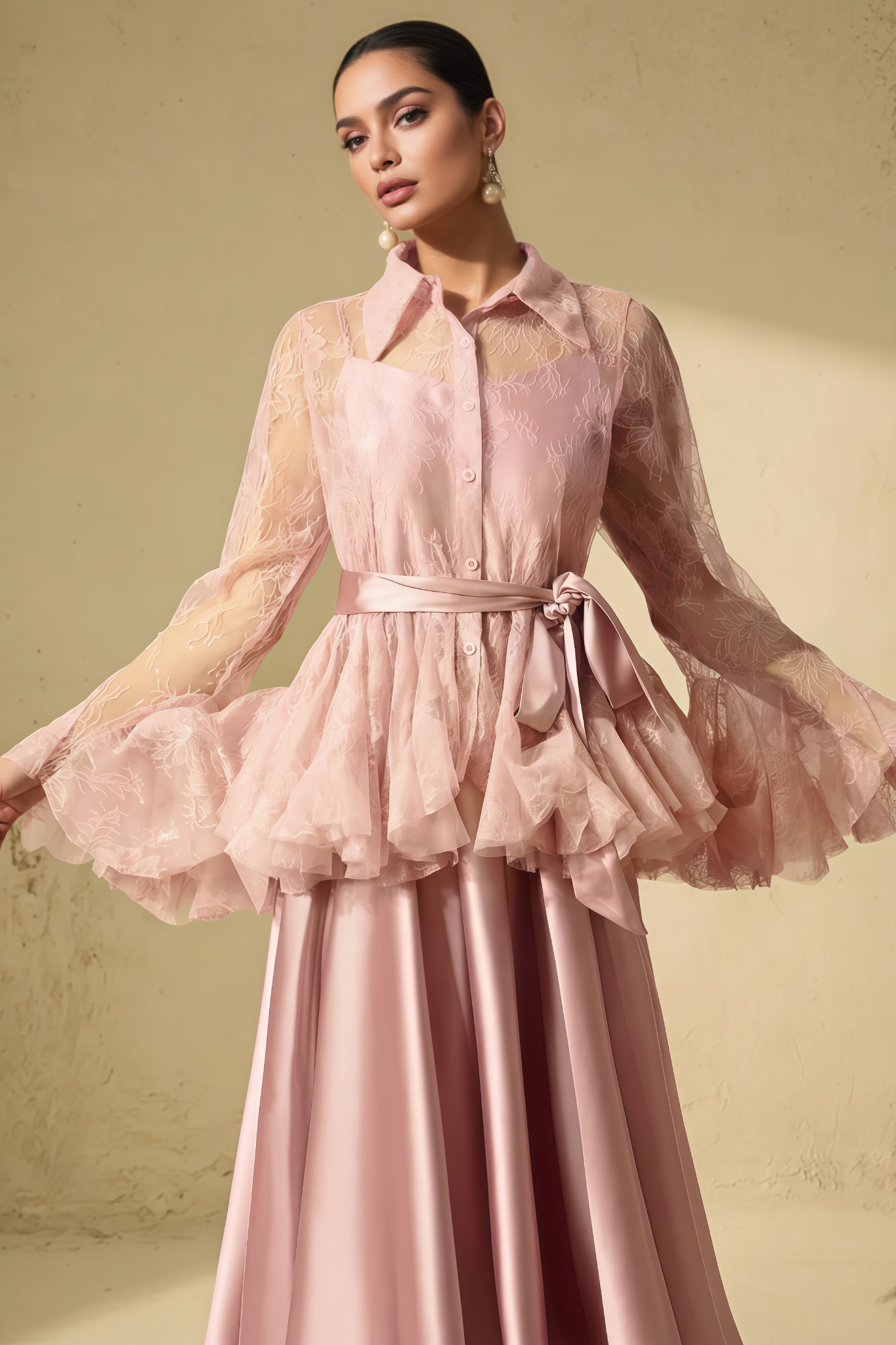 Cetorn Pink Sheer Ruffled Blouse Maxi Dress Set