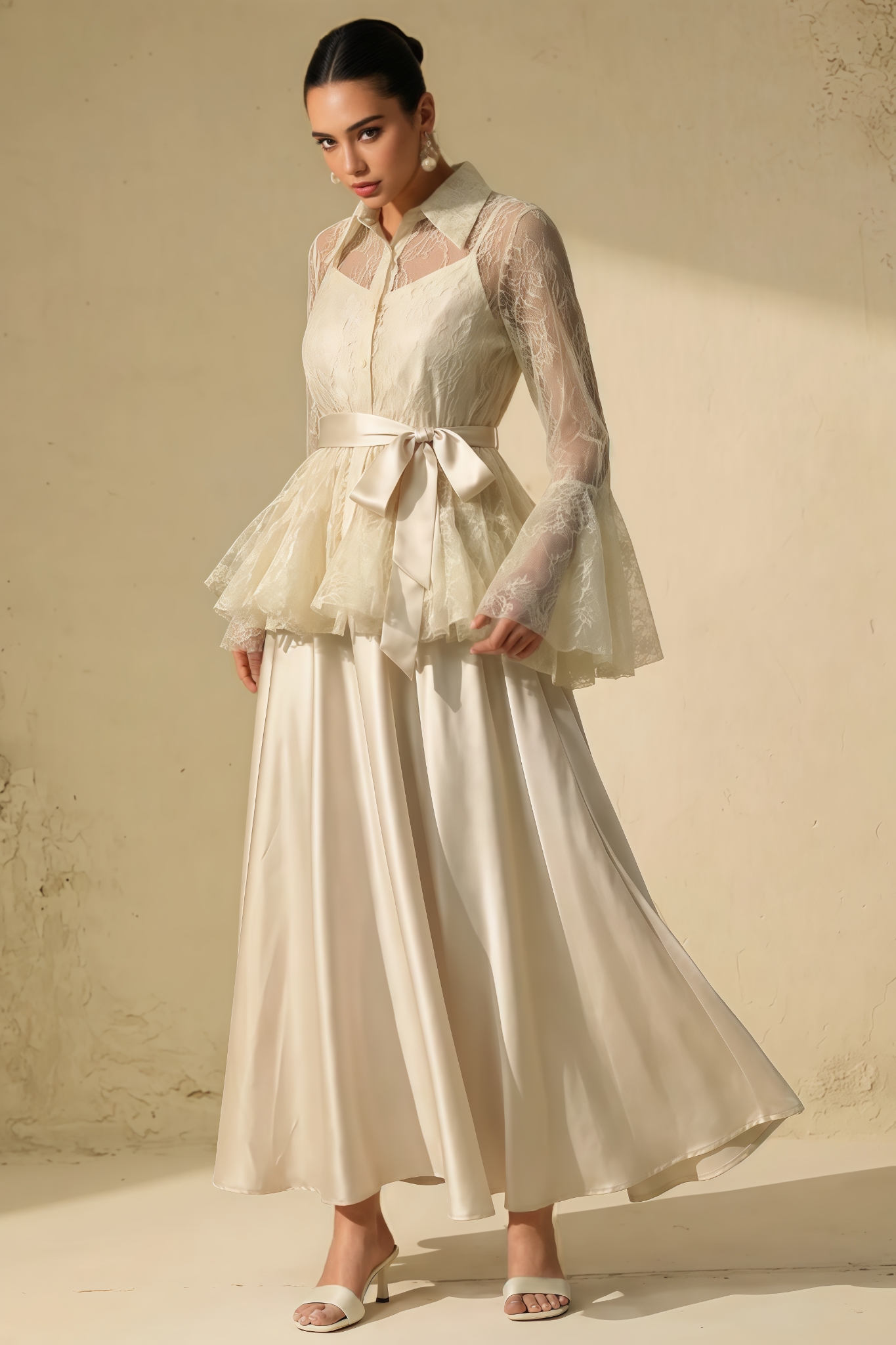 Teviny Beige Lace Ruffled Blouse Satin Maxi Dress Set