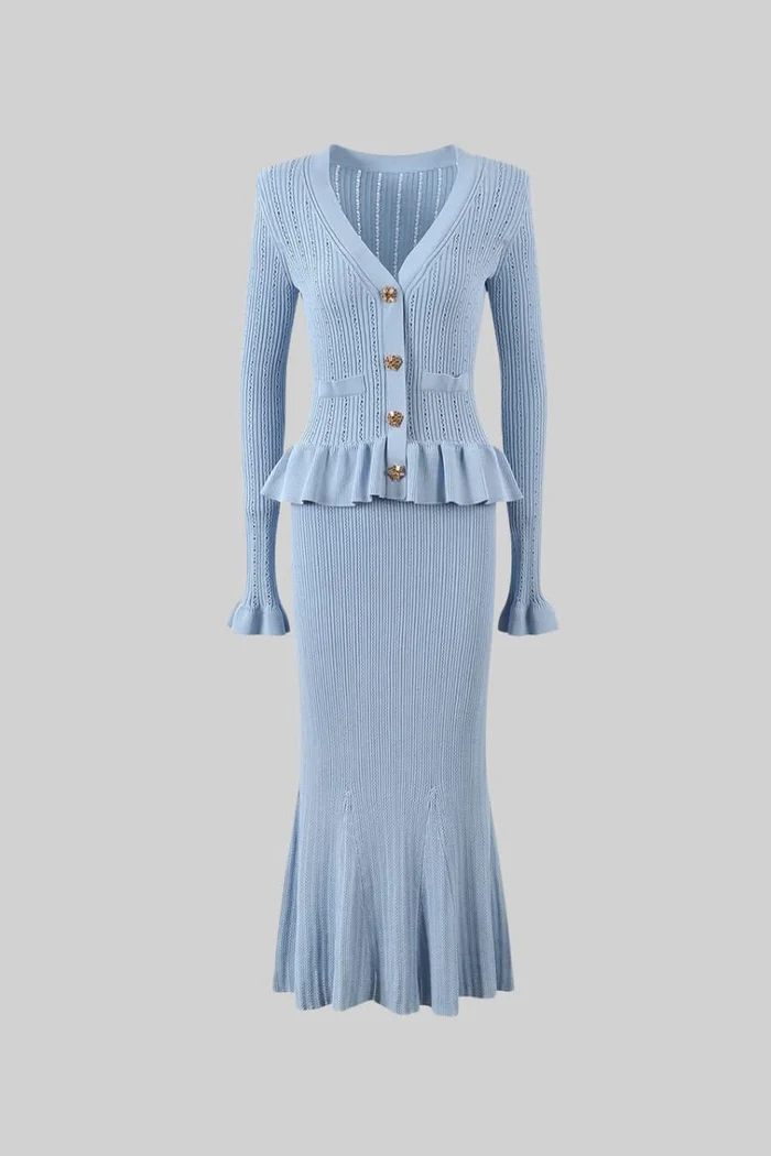 Yuri Blue Long Sleeve Fishtail Midi Dress Set