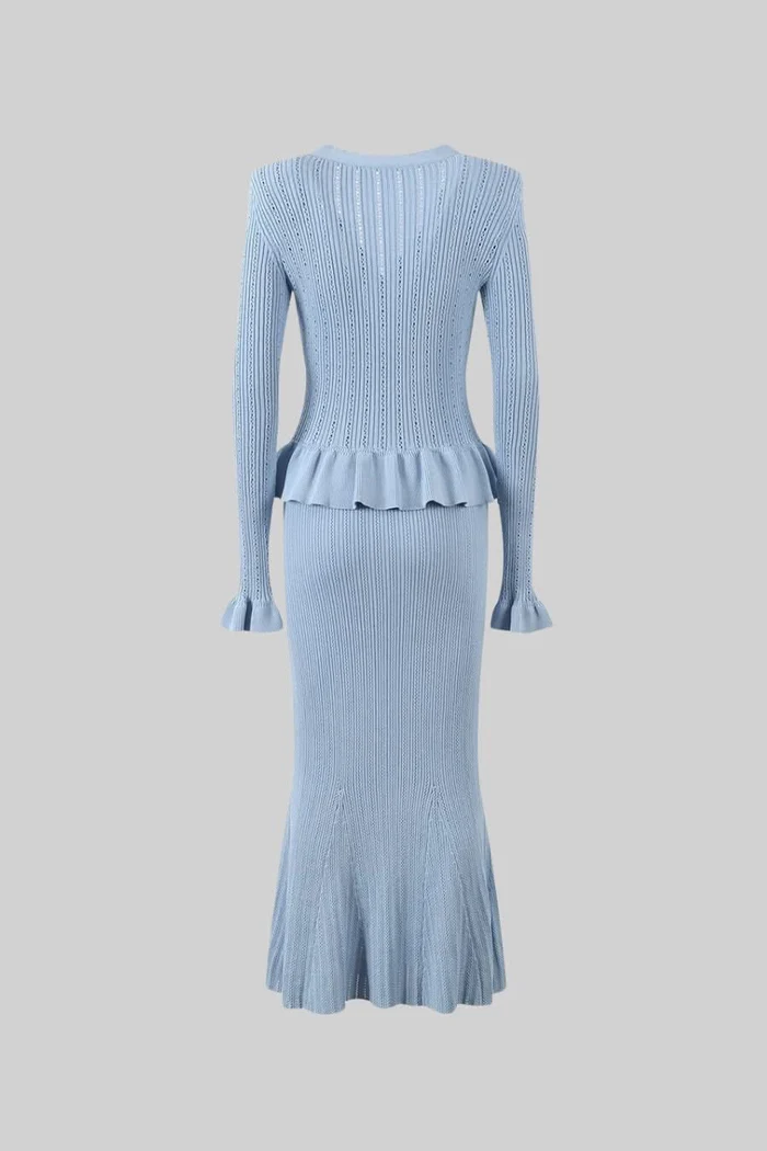 Yuri Blue Long Sleeve Fishtail Midi Dress Set