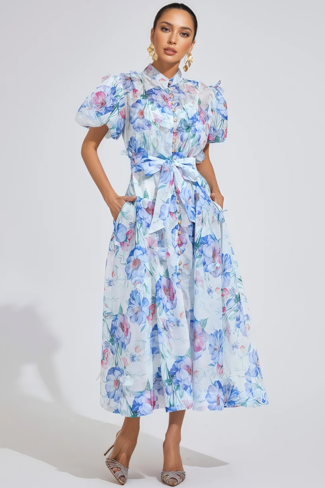Baian Blue Short Sleeve Floral Midi Dress