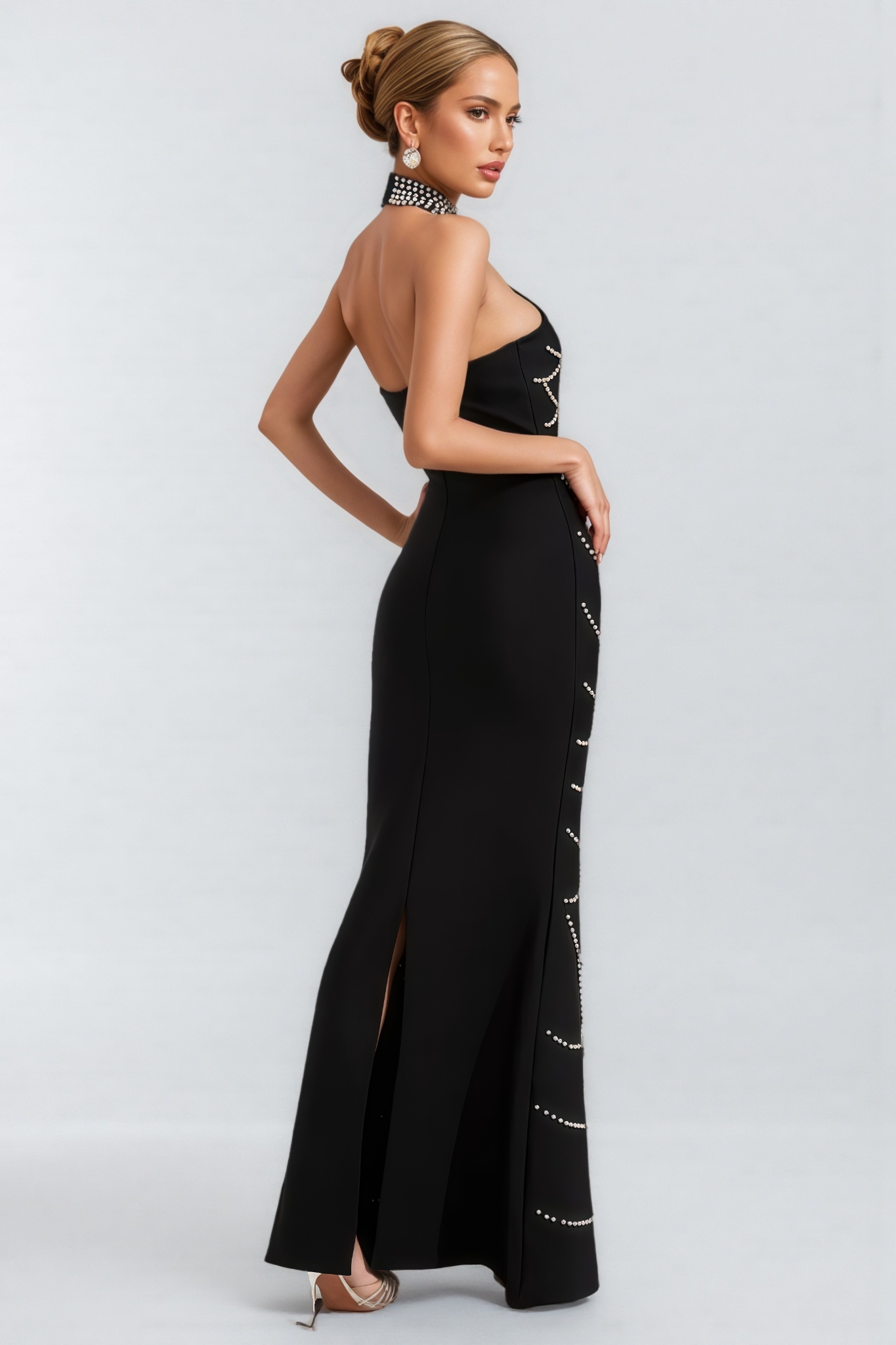 Adley Black Pearl Halter Bandage Maxi Dress