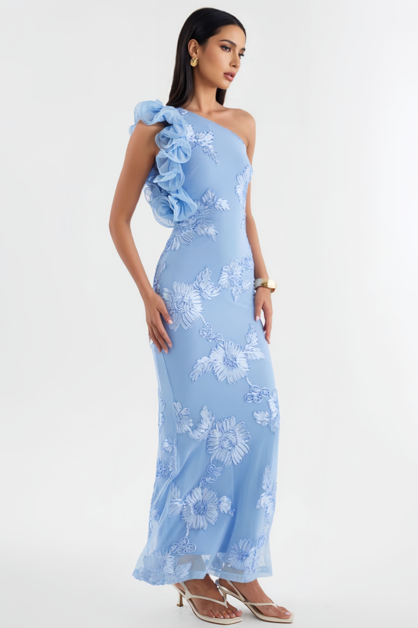 Anrant Blue One Shoulder Floral Maxi Dress