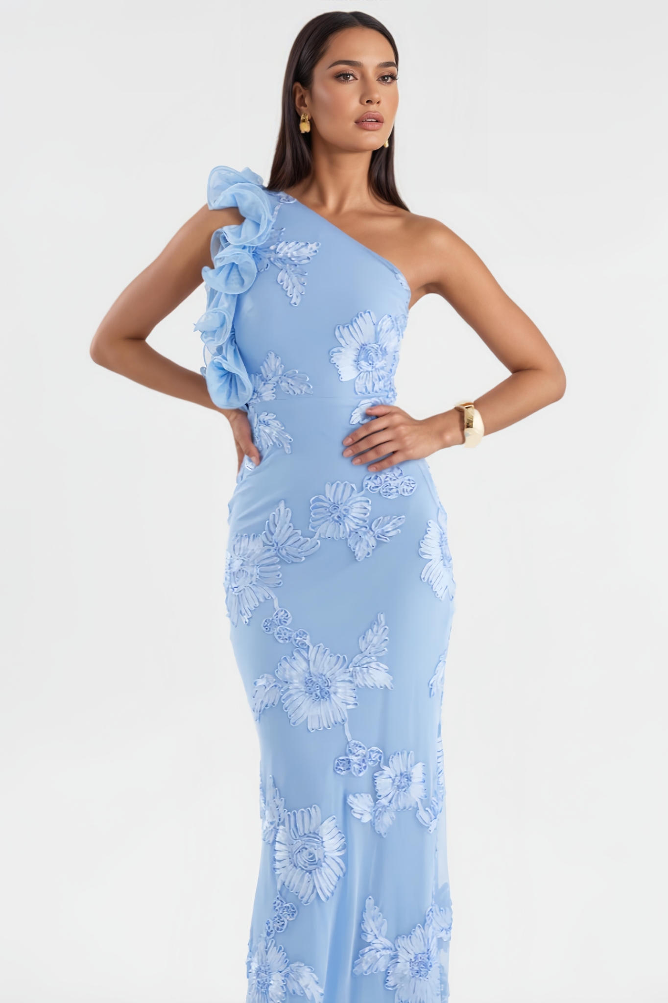 Anrant Blue One Shoulder Floral Maxi Dress